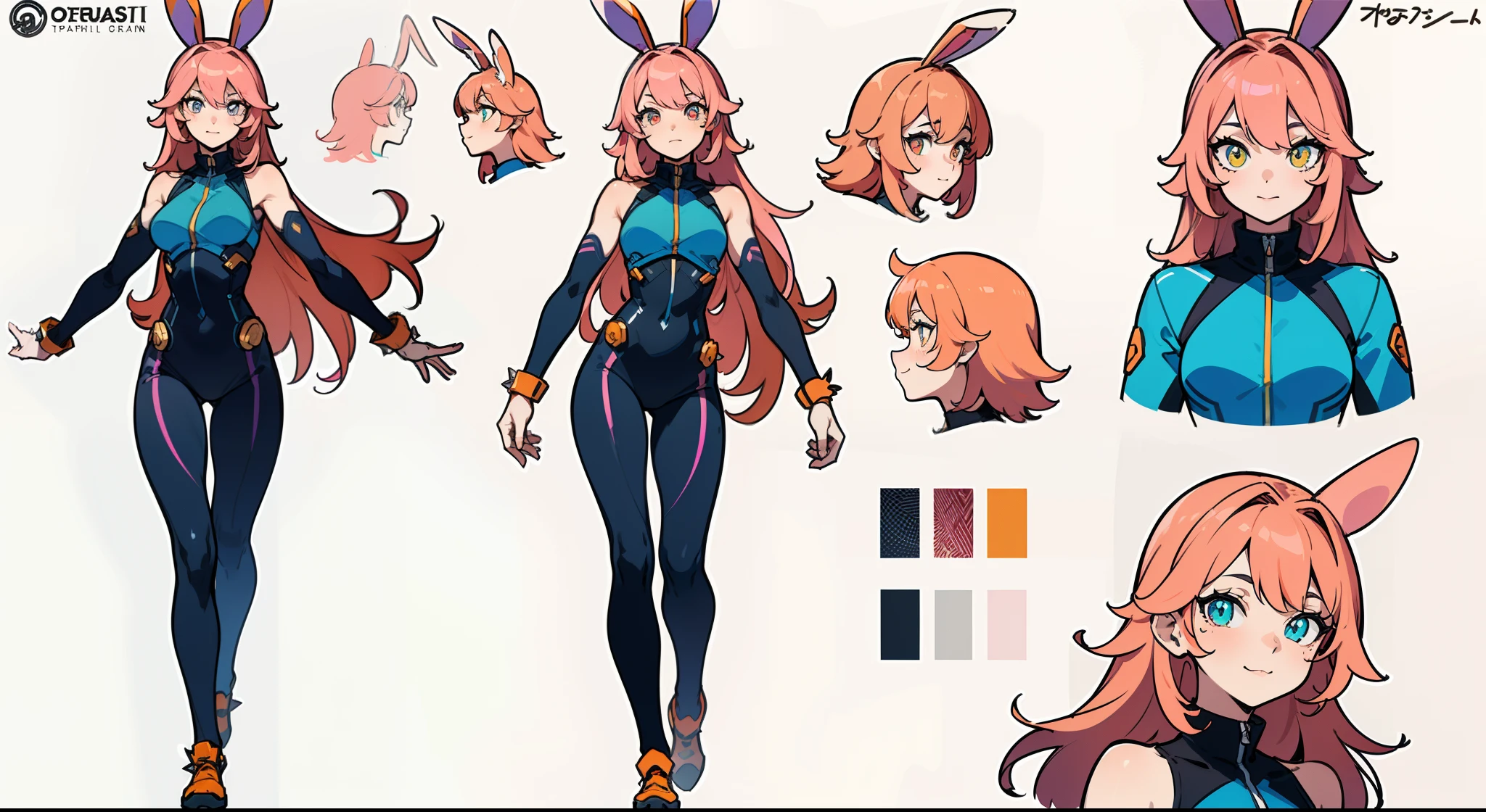 ((masterpiece)),(((best quality))),(character design sheet,same character,front,side,back), Reference sheet ((Best Quality)), ((Masterpiece)), ((Realistic)) tsuka kendou, 1woman, cute face, determined look, smile, long_legs, full_body, adult mature female ((spiky orange-pink hair,))((orange-pink mullet 1.1)), (mid length hair), bright cyan_eyes, (yellow_pupil,) hero, sleeveless blue_spandex_bodysuit, long orange-pink ((rabbit_ears,)) colored concept art, highly detailed character design, highly detailed face, Vivid and colorful colors, Delicate lines, tome + concept art, detailed full body concept art, full body character concept art, full body concept art, full character concept art, full body character concept, full body character design, 8 k character concept art, 8k character concept art, single character concept art, detailed character design, detailed face, detailed hair, (simple background, white background: 1.3)