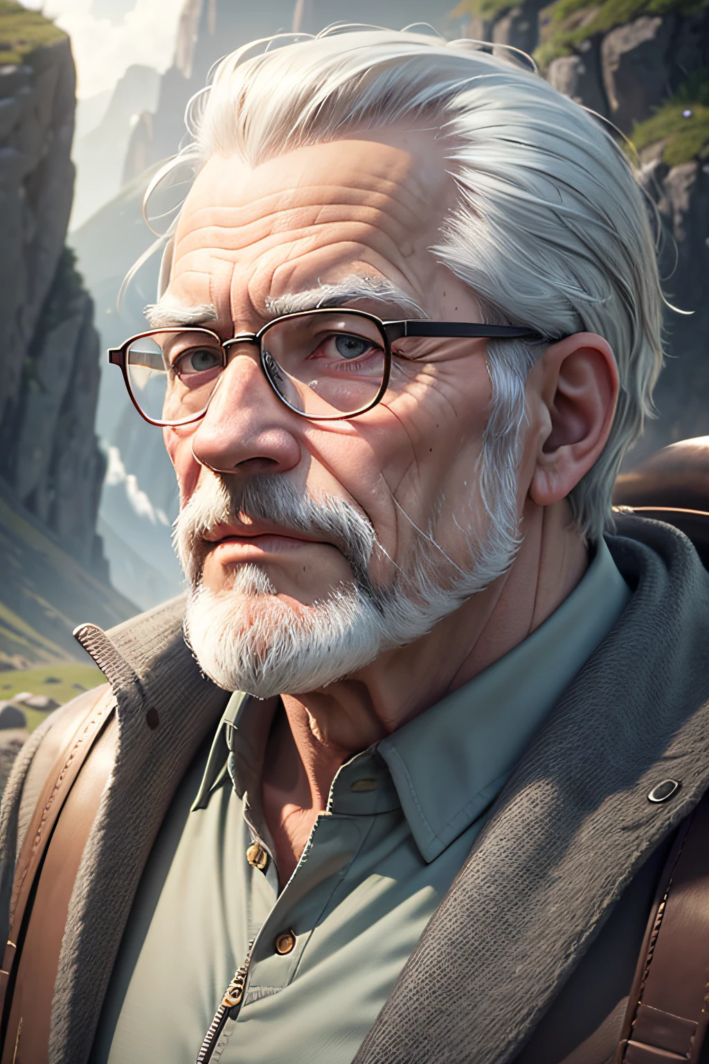 Portrait, 70 year old man, dressed in the style of the 50s, glasses on the nose, hiker, gray beard, face expressive, penetrating gaze, against a background of beautiful nature, Unreal Engine. 4K, majestic light