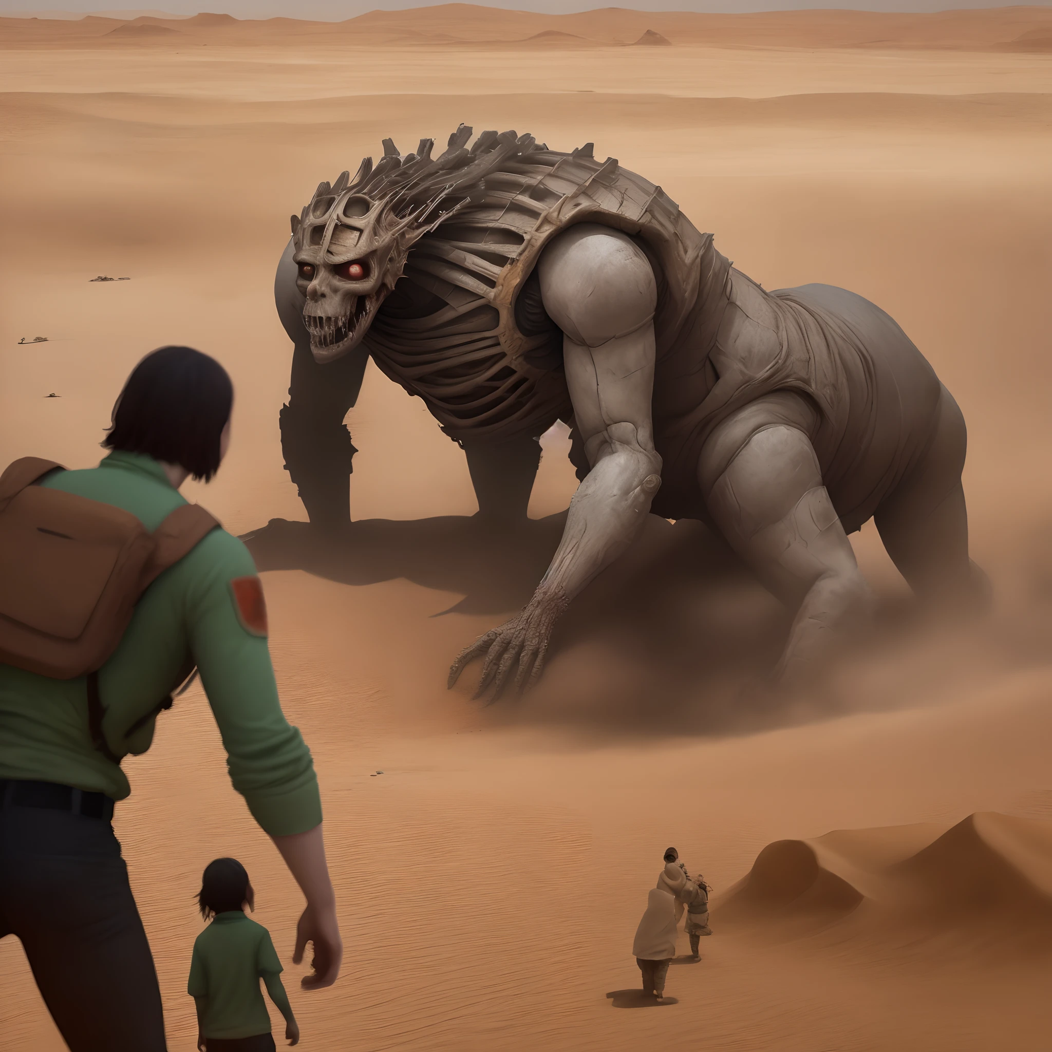 Has dos monstros cruzando un desierto con dos humanos una mujer y el otro hombre