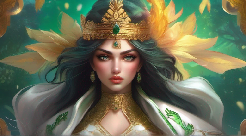 um retrato de corpo inteiro de uma mulher em um vestido verde e branco com uma coroa, Artgerm e Wlop, Artgerm Julie Bell Beeple, Aly Fell e Artgerm, Modelo IG | Artgerm, wlop e Artgerm, Cavaleiro elfo sedutor da princesa, Artgerm extremamente detalhado, Rainha elfa bonita e elegante, , de frente ao penhasco, fim de tarde, (sun sunset), de frente para o espectador, postura de luta, (segurando uma espada e escudo), a cold expression, armadura de dourada e preta por todo o corpo.