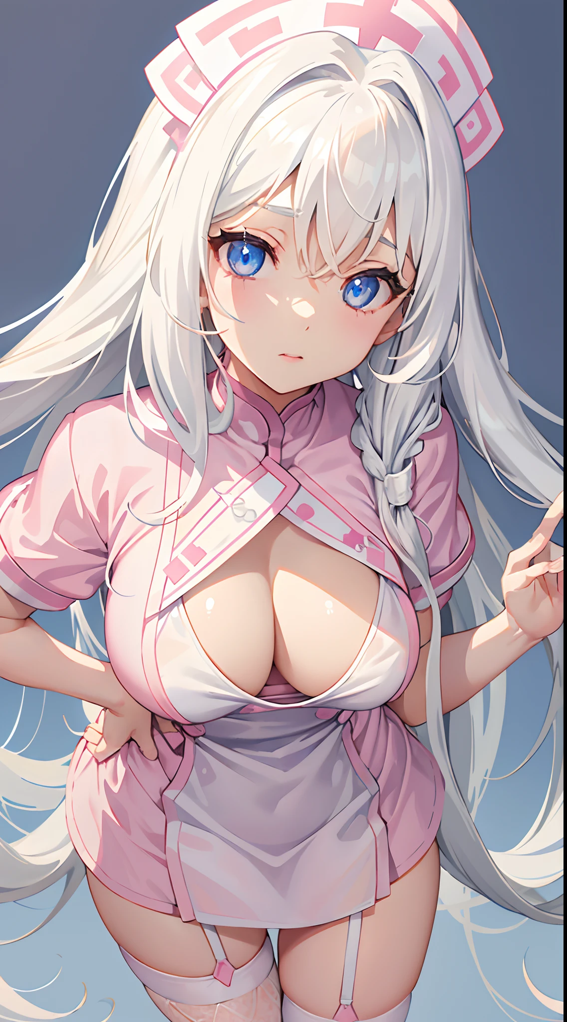 1girl in、White hair、Blue eyes、wall-paper、Super long hair、Curly hair、white backgrounid、symmetry、facing front、Upper body close-up、Close UAMENTED、爆乳、big areolae、Nurse、((pink nurse clothes))、see -through、fishnet tights、
