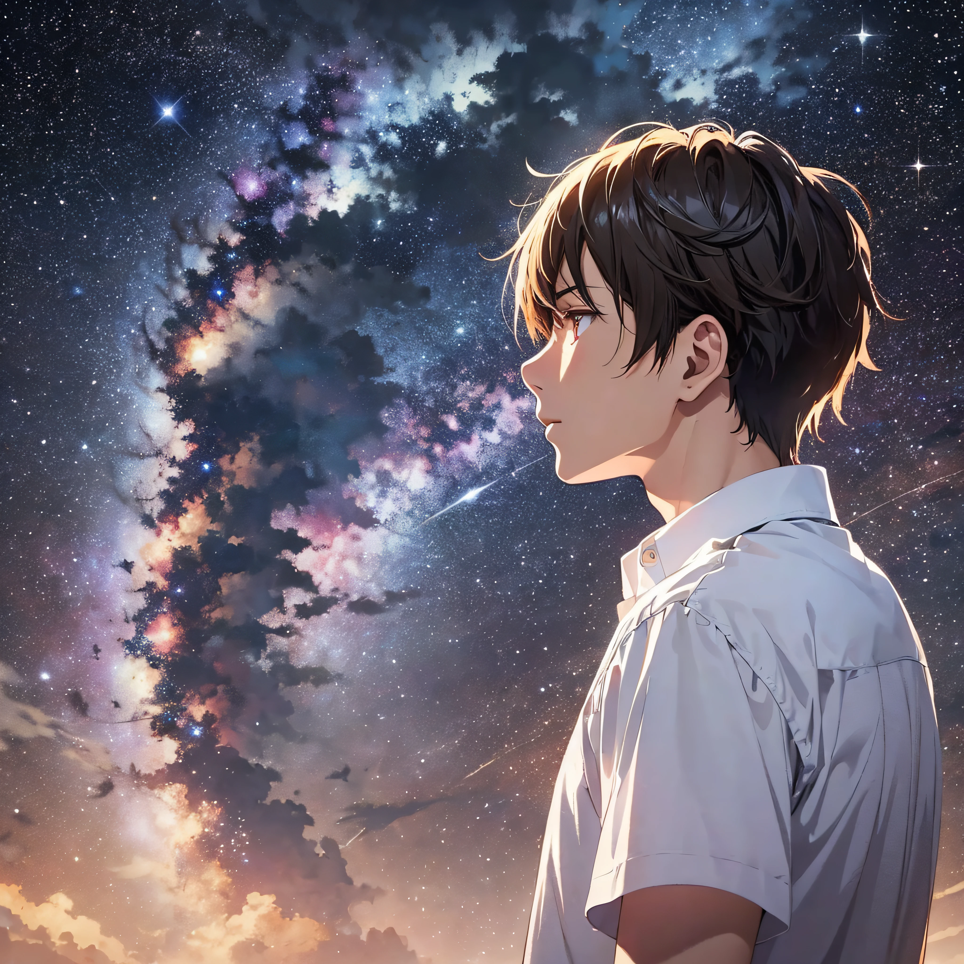 stars, milky way, clouds, anime key visual, deep color, complex, 8k resolution concept art, natural light, beautiful composition, Makoto Shinkai, light play, colorful, star gazer, white shirt, ung man, seen from above.