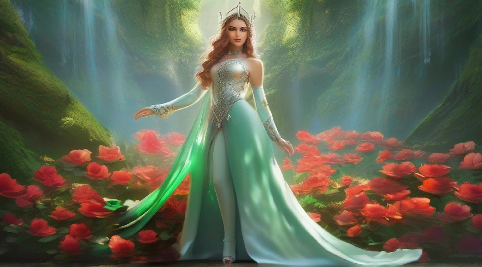 um retrato de corpo inteiro de uma mulher em um vestido verde e branco com uma coroa, Artgerm e Wlop, Artgerm Julie Bell Beeple, Aly Fell e Artgerm, Modelo IG | Artgerm, wlop e Artgerm, Cavaleiro elfo sedutor da princesa, Artgerm extremamente detalhado, Rainha elfa bonita e elegante, , de frente ao penhasco, fim de tarde, (sun sunset), de frente para o espectador, postura de luta, (segurando uma espada e escudo), a cold expression, armadura de dourada e preta por todo o corpo.