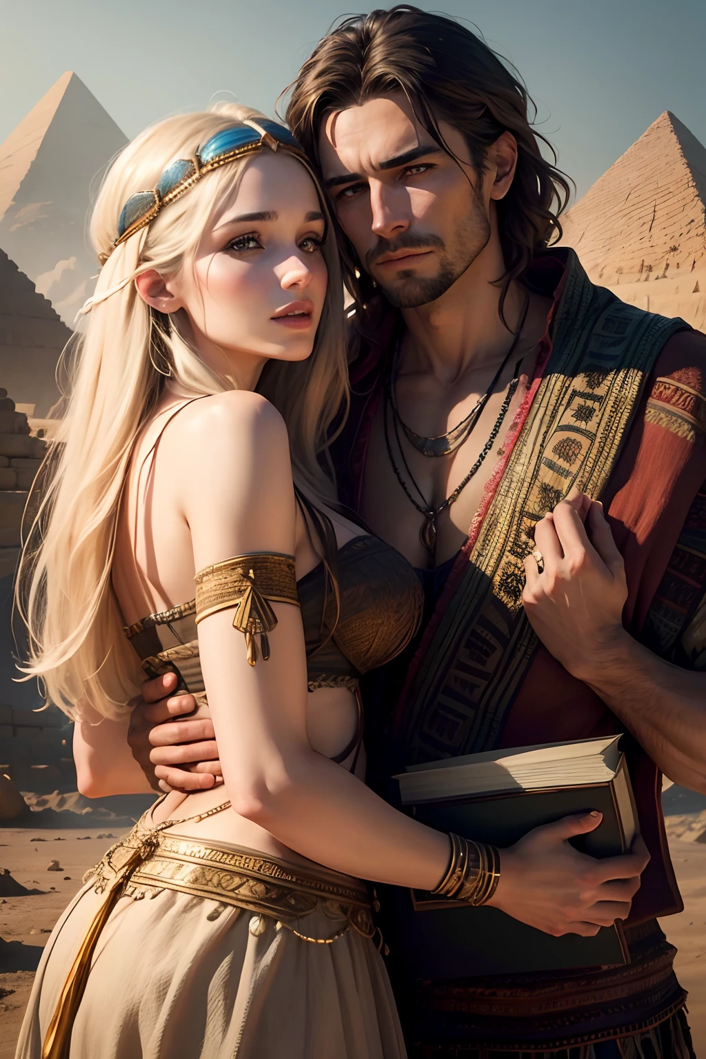 Highly realistic, Bohemian man and woman kissing each other lovingly and holding a big old book from ancient times. The three pyramids are in clear scene with high detail, very realistic picture, report. Human Development, Sharp, Real Highly Detailed Eyes and Real Lips, Hyper max, Textures, Crazy Highly Detailed Detail, Intricate Detailed Portrait, Tribal Detail View, 8K, Realistic.High Definition, 4K, HD, Real Faces, Cinematography, Must Have The image must have an aspect ratio of 1:1.6, and the longest side must measure at least 2500 pixels.