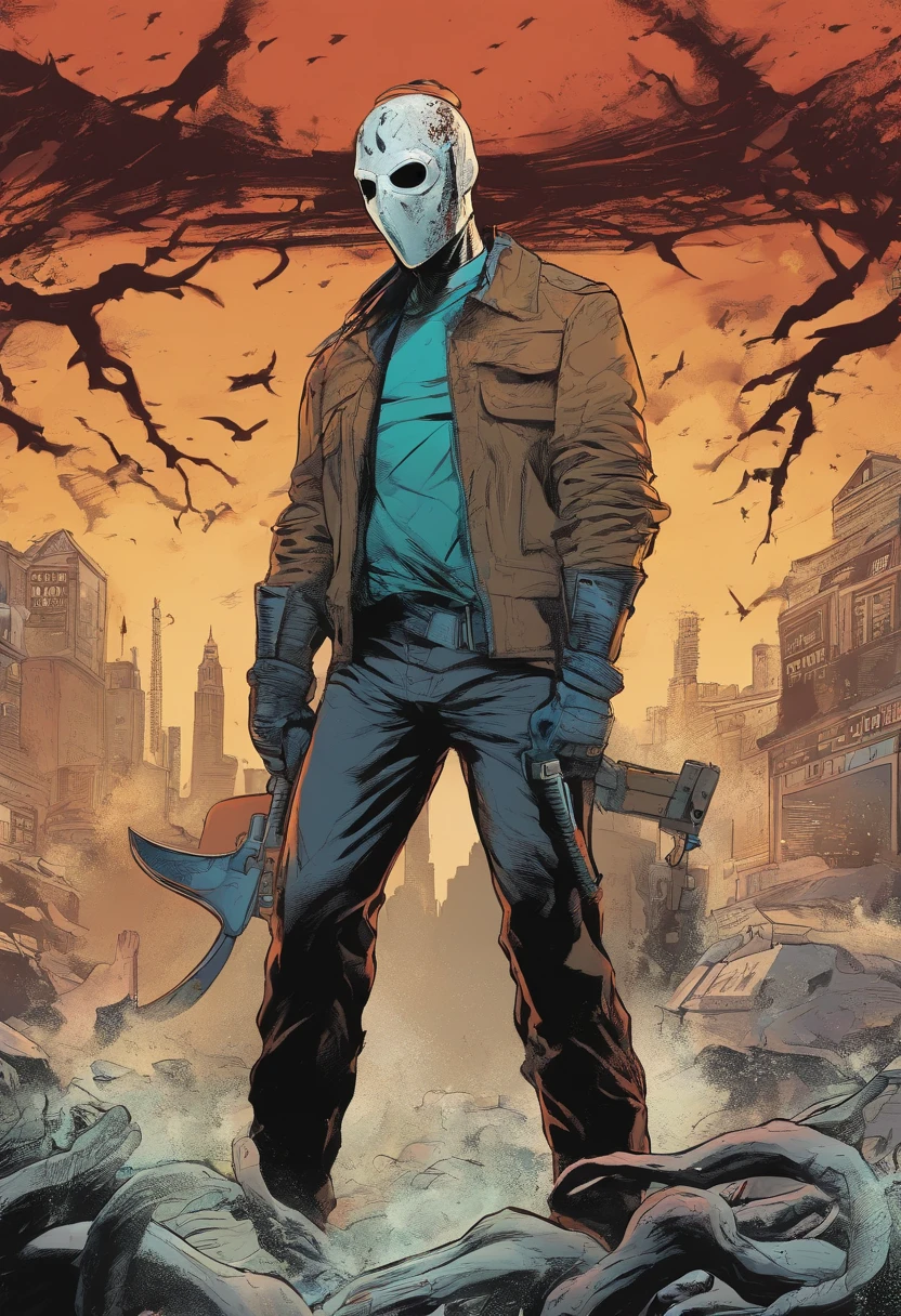Man with a mask of terror, com uma jaqueta de couro, with hand holding a chainsaw, terror