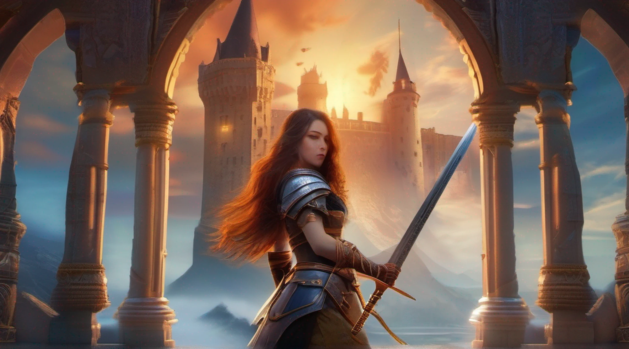 a woman in a fantasy setting with a sword and a castle, detailed digital 2d fantasy art, 4k fantasy art, high quality fantasy art, 2. 5 d cgi anime fantasy artwork, detailed fantasy art, digital 2d fantasy art, hd fantasy art, fantasy game art, 8k fantasy art, fantasy art behance, epic fantasy art style hd