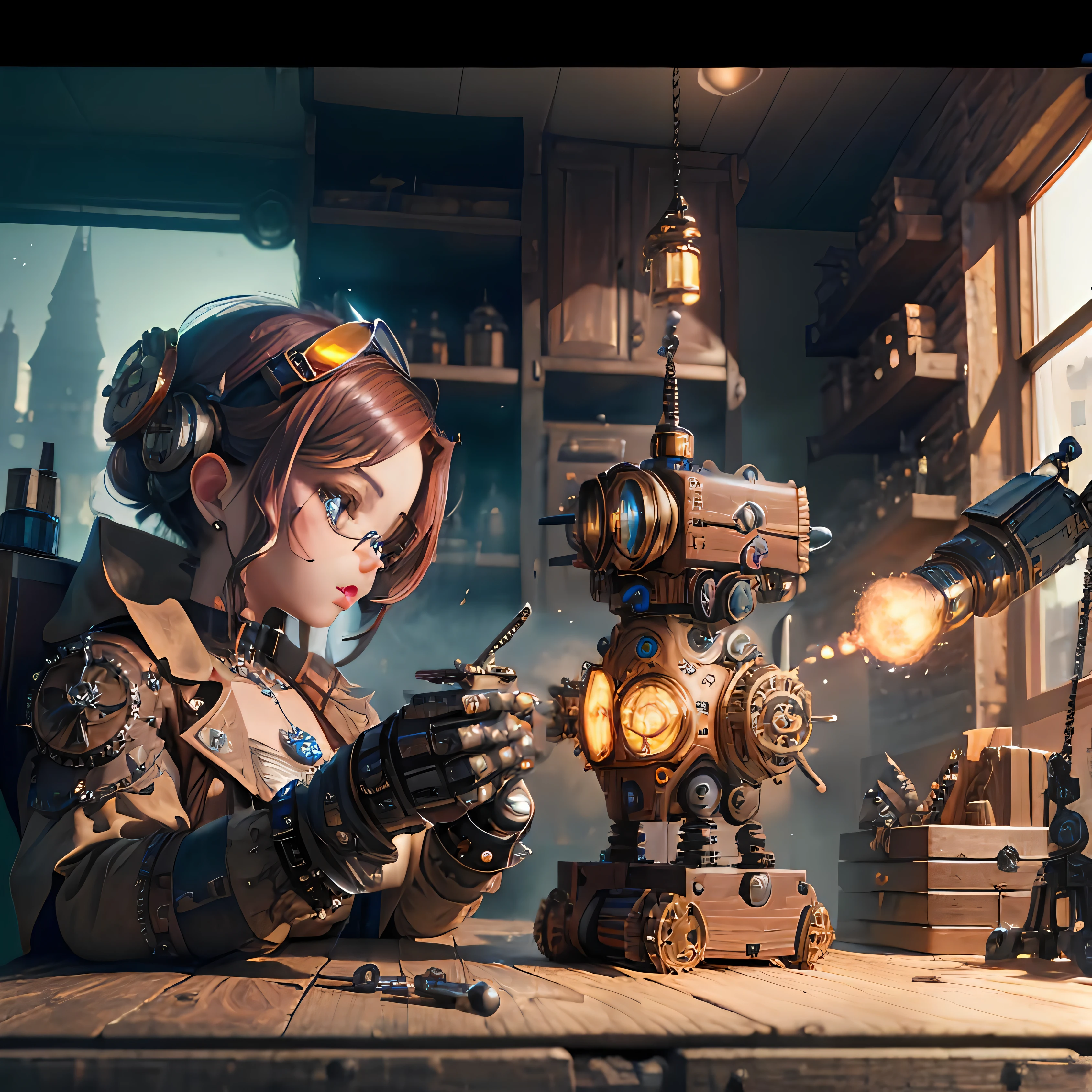 mini\(ttp\), (8k, RAW photo, best quality, masterpiece:1.4),(Creating a steampunk robot with magical modifications:1.3),steampunk,cyberpunk,(cyberpunk light:0.5),on desk,(in a miniature box:1.3),isometric, miniature, landscape on foundation,landscape,