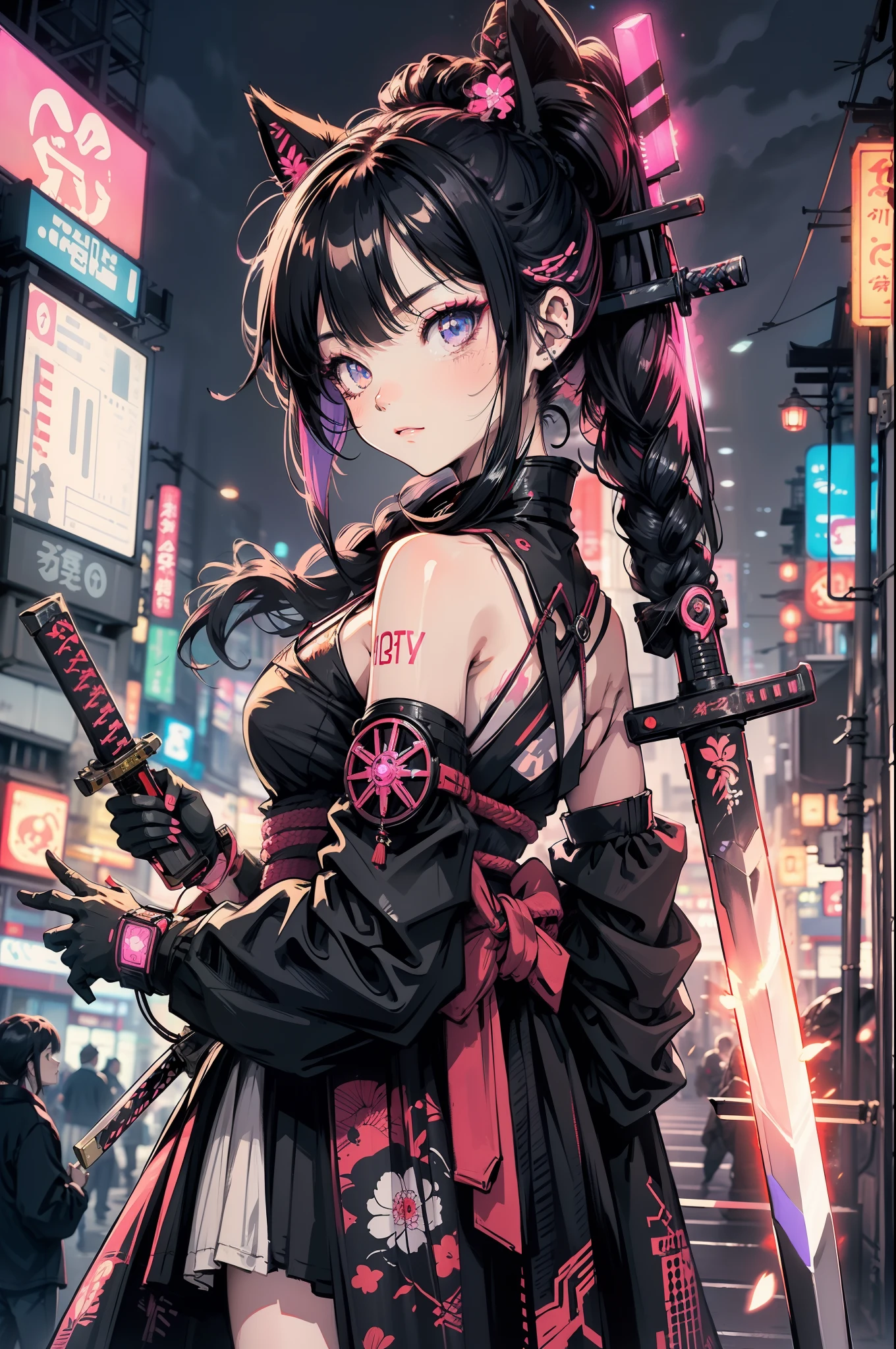 "Cyberpunk samurai cat girl with neon eyes at night in Tokyo city, Close-up Shot Shot, Carrying a sword on his back, Infused with vibrant pink style."