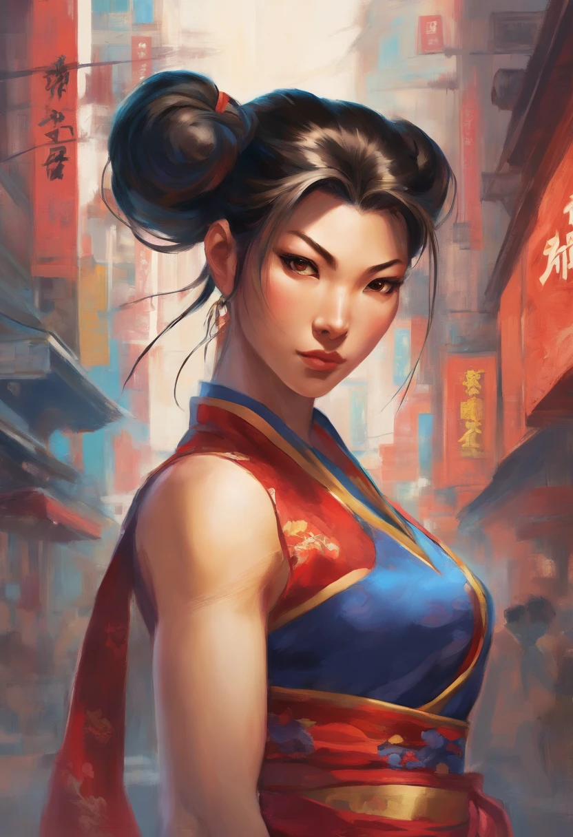 In a quiet street of a bustling city, Chun-li stands tall, her strong and graceful figure radiating confidence. She is adorned in her iconic blue qipao with golden accents, representing her status as a capable fighter. Her deep brown eyes sparkle with determination and her lips, highlighted by a touch of red, exude a captivating charm. With her long, flowing hair, meticulously styled in buns, she epitomizes elegance and strength.

The scene is captured in a vivid photograph, showcasing every intricate detail with (best quality, high-res) precision. The composition is enhanced by the use of (studio lighting), illuminating Chun-li's flawless complexion and accentuating her powerful aura. The colors in the image are vibrant and dynamic, blending harmoniously to create a visually stunning effect. The overall tone leans towards an energetic and lively atmosphere, representing her vibrant personality.

As Chun-li stands confidently in the foreground, the bustling cityscape presents itself in the background. Skyscrapers reach up towards the sky, their glass facades reflecting the golden sunlight. The streets are adorned in lively colors, bustling with activity. People pass by, their diverse cultural backgrounds adding to the richness of the scene. The hustle and bustle of the city create a vibrant backdrop for Chun-li, emphasizing her resilience in the face of chaos.

The image is imbued with a touch of (photorealism), showcasing every minute detail of Chun-li's traditional attire and the surrounding cityscape. Each brushstroke, each pixel, is a testament to the (ultra-detailed) craftsmanship behind the artwork. Finely crafted textures and shadows bring depth and realism to the image, further immersing the viewer in this captivating scene.

The lighting in the painting is carefully manipulated to emphasize Chun-li's strong presence. The sunlight casts a warm, gentle glow on her figure, highlighting the intricate folds of her qipao and the contours of her face. Soft shadows