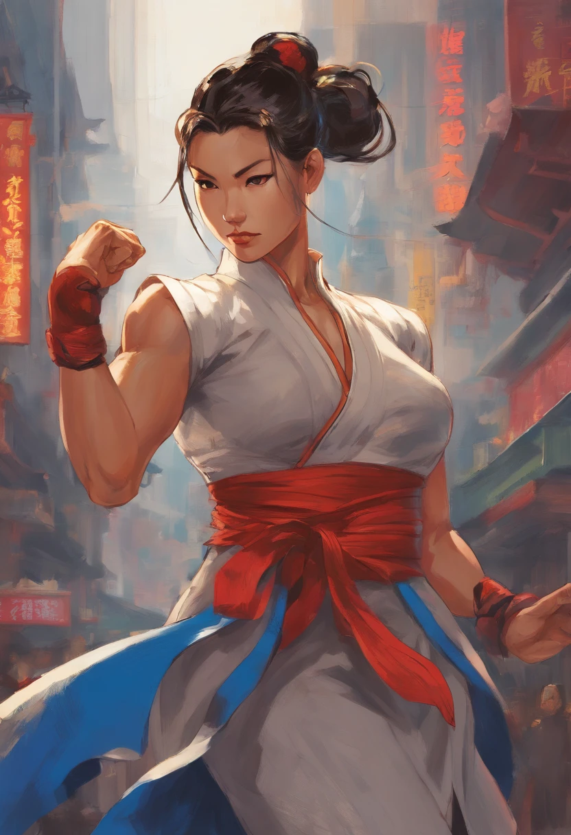 In a quiet street of a bustling city, Chun-li stands tall, her strong and graceful figure radiating confidence. She is adorned in her iconic blue qipao with golden accents, representing her status as a capable fighter. Her deep brown eyes sparkle with determination and her lips, highlighted by a touch of red, exude a captivating charm. With her long, flowing hair, meticulously styled in buns, she epitomizes elegance and strength.

The scene is captured in a vivid photograph, showcasing every intricate detail with (best quality, high-res) precision. The composition is enhanced by the use of (studio lighting), illuminating Chun-li's flawless complexion and accentuating her powerful aura. The colors in the image are vibrant and dynamic, blending harmoniously to create a visually stunning effect. The overall tone leans towards an energetic and lively atmosphere, representing her vibrant personality.

As Chun-li stands confidently in the foreground, the bustling cityscape presents itself in the background. Skyscrapers reach up towards the sky, their glass facades reflecting the golden sunlight. The streets are adorned in lively colors, bustling with activity. People pass by, their diverse cultural backgrounds adding to the richness of the scene. The hustle and bustle of the city create a vibrant backdrop for Chun-li, emphasizing her resilience in the face of chaos.

The image is imbued with a touch of (photorealism), showcasing every minute detail of Chun-li's traditional attire and the surrounding cityscape. Each brushstroke, each pixel, is a testament to the (ultra-detailed) craftsmanship behind the artwork. Finely crafted textures and shadows bring depth and realism to the image, further immersing the viewer in this captivating scene.

The lighting in the painting is carefully manipulated to emphasize Chun-li's strong presence. The sunlight casts a warm, gentle glow on her figure, highlighting the intricate folds of her qipao and the contours of her face. Soft shadows
