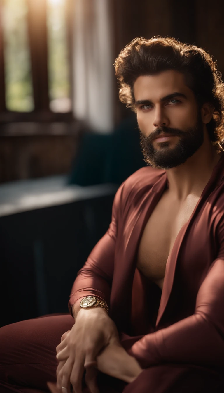 Homem com idade de 29 anos, rosto masculo e bonito, com barba e bigode, serious face, corpo sarado levemente com pelos, grande penis ereto com pelos pubianos curtos, cabelo curto preto, olhos castanhos, tattoo on an arm, rosto bem detalhado, melhor detalhamento corporal e peniano, wearing only an open robe