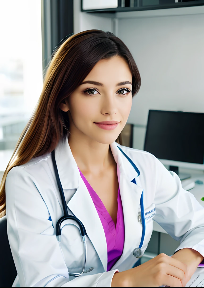 Medical woman sitting at a table, foto de uma mulher mem, sitting at desk, wearing a medical suit, foto corporativa, mulher bonita, retrato profissional hd