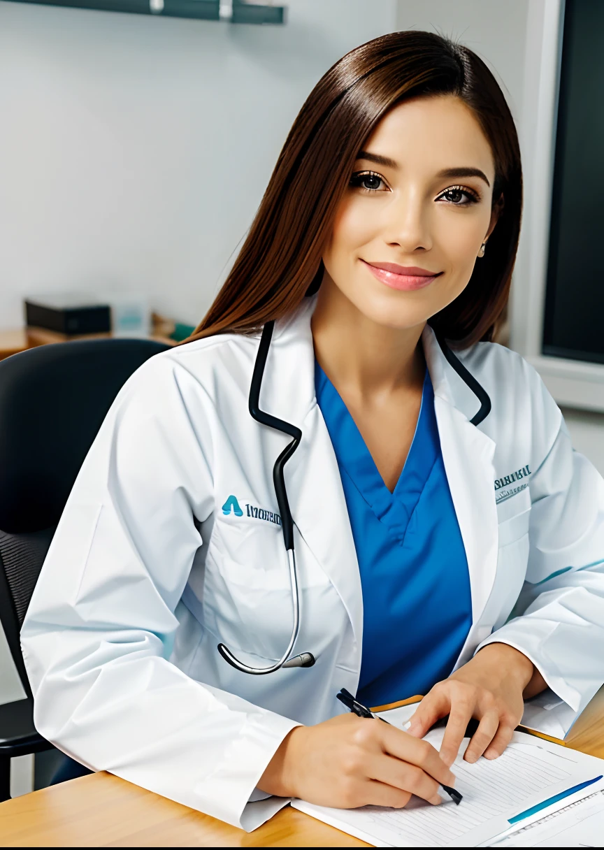 Medical woman sitting at a table, foto de uma mulher mem, sitting at desk, wearing a medical suit, foto corporativa, mulher bonita, retrato profissional hd