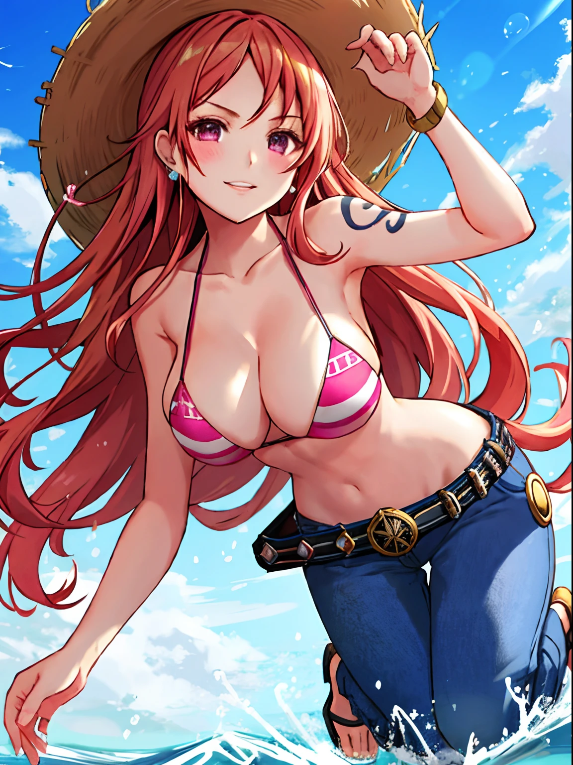 detailed background, masterpiece, 4k, epic, best quality, cheerful, late youth, adult, milf, athlete body, 1girl, cat ears pink, pink hair, pink neko ears, active, energic, ((wide open mouth, folded legs, smile, lying on the ground, fully lying down, open eyes, hands spread sideway, jumping)) , solo, nami \(one piece\), 1girl, bangle, (very missy long hair, tired, open mouth, feeling hot, tilting head, both hands spreadeagled, serious, hurt, glaring, open eyes, looking up, perfect detailed face, detailed round face) bold drawing lines, muscular arms, detailed bold body lines, flat jaw, adult woman, (wavy wide streaked bangs, floating bang, long left bangs ) (big cheeks), bare shoulders, off-shoulders, belt, bikini, bikini top only, blue sky, bracelet, springy breasts, breast lines, big round eyes, very big violet shiny eyes, bubbles, high eye position, cleavage, cloud, day, denim, earrings, floating hair, wavy long hair, shiny hair, green belt, green bikini, bold groin lines, ((straw hat)), long jeans, jewelry, medium breasts, log pose, long pink hair, looking at viewer, long navel, wet hair, pink hair, pants, shoulder tattoo, sidelocks, sky, solo, stomach, swimsuit, tattoo, detailed left arm, big forehead, hourglass figure, small head, toned body, wide hair, wind effect, sun effect, under the sun, narrow small ears angle, older, straight shot, water splashes, marks red in the face like Ahri from league of legends, pink hair,
