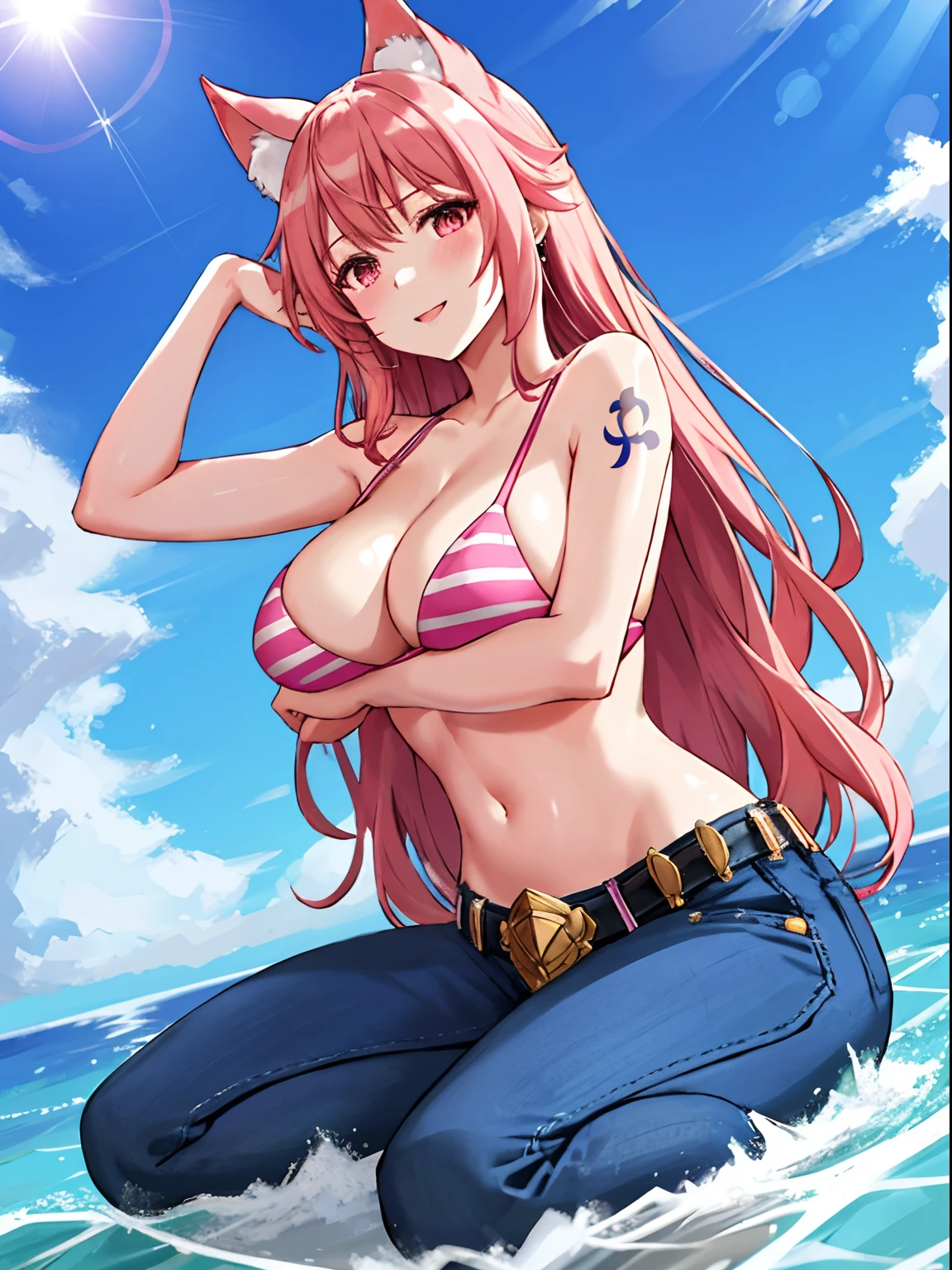detailed background, masterpiece, 4k, epic, best quality, cheerful, late youth, adult, milf, athlete body, 1girl, cat ears pink, pink hair, pink neko ears, active, energic, ((wide open mouth, folded legs, smile, lying on the ground, fully lying down, open eyes, hands spread sideway, jumping)) , solo, nami \(one piece\), 1girl, bangle, (very missy long hair, tired, open mouth, feeling hot, tilting head, both hands spreadeagled, serious, hurt, glaring, open eyes, looking up, perfect detailed face, detailed round face) bold drawing lines, muscular arms, detailed bold body lines, flat jaw, adult woman, (wavy wide streaked bangs, floating bang, long left bangs ) (big cheeks), bare shoulders, off-shoulders, belt, bikini, bikini top only, blue sky, bracelet, springy breasts, breast lines, big round eyes, very big violet shiny eyes, bubbles, high eye position, cleavage, cloud, day, denim, earrings, floating hair, wavy long hair, shiny hair, green belt, green bikini, bold groin lines, ((straw hat)), long jeans, jewelry, medium breasts, log pose, long pink hair, looking at viewer, long navel, wet hair, pink hair, pants, shoulder tattoo, sidelocks, sky, solo, stomach, swimsuit, tattoo, detailed left arm, big forehead, hourglass figure, small head, toned body, wide hair, wind effect, sun effect, under the sun, narrow small ears angle, older, straight shot, water splashes, marks red in the face like Ahri from league of legends, pink hair,