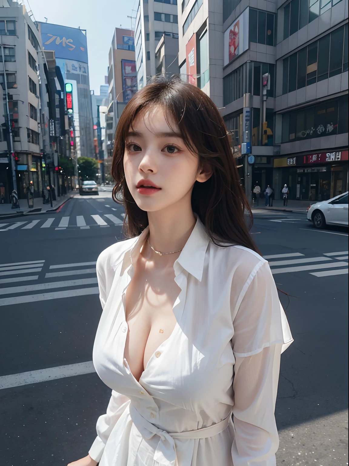 Best Quality Detail:1.2, realisitic, 8K UHD, Hight Resolution, 1girll:1.2, The ultra-detailliert, High quality textures, delicate detail, The Details, super detailed CG, High quality shadow, Detail : beautiful delicate face, Detail : beautiful delicate eyes, depth of fields, Ray traching, 20's, Pretty Kpop girl, Korean Urzan face:1.1, Slim Faces, ulzzang -6500-v1.1:0.6, pureerosface_v1, Glow Eyes, teak, Glossy Lips, PerfectBody, chokers、cleavage of the breast、 Brown hair、ponytale:1.1, Street, Particle, looking up at viewer, Photorealcitic:1.4, extremely highly detailed, photograph realistic, 4K 8K UHD Full Color RAW Photos, Fujifilm(Medium format:1.2), Hasselblad:1.2, Carl Zeiss:1.1, Stunning dynamic range photos(useful_artwork: Smooth-768:1.1), Hight Resolution, High pixel count, clear details, crisp image, Natural color reproduction, Noise Reduction, High fidelity, , Software Enhancements, Upscaling, Optimized algorithm, Professional-grade retouching、((Shibuya, Tokyo))、On the way to shop、((Stylish clothes with a very high design))、((Shirt dress: Oversized shirt dress))、Simple and fashionable style