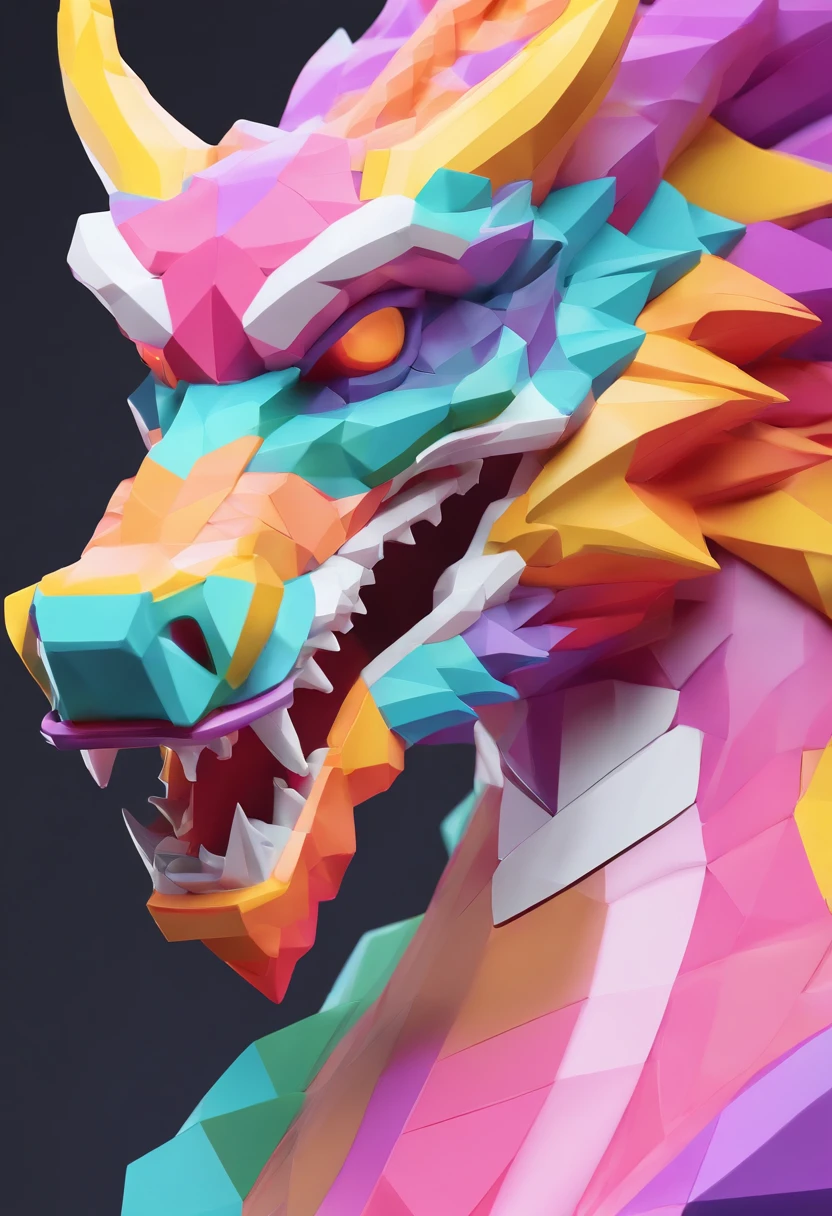 Close-up of dragon head statue, Colorful classical statues, greek godness portrait sculpture, Classical art, bust with a beautiful neck, Escultura Michelangelo, classicism artstyle,Paper cut art style, Neon candy color, Simple, Stylish, Bright.。.。.。.。.。.。.。.。.3D, Redshift, Arnold renderer, High detail, High quality,Candy color 8K