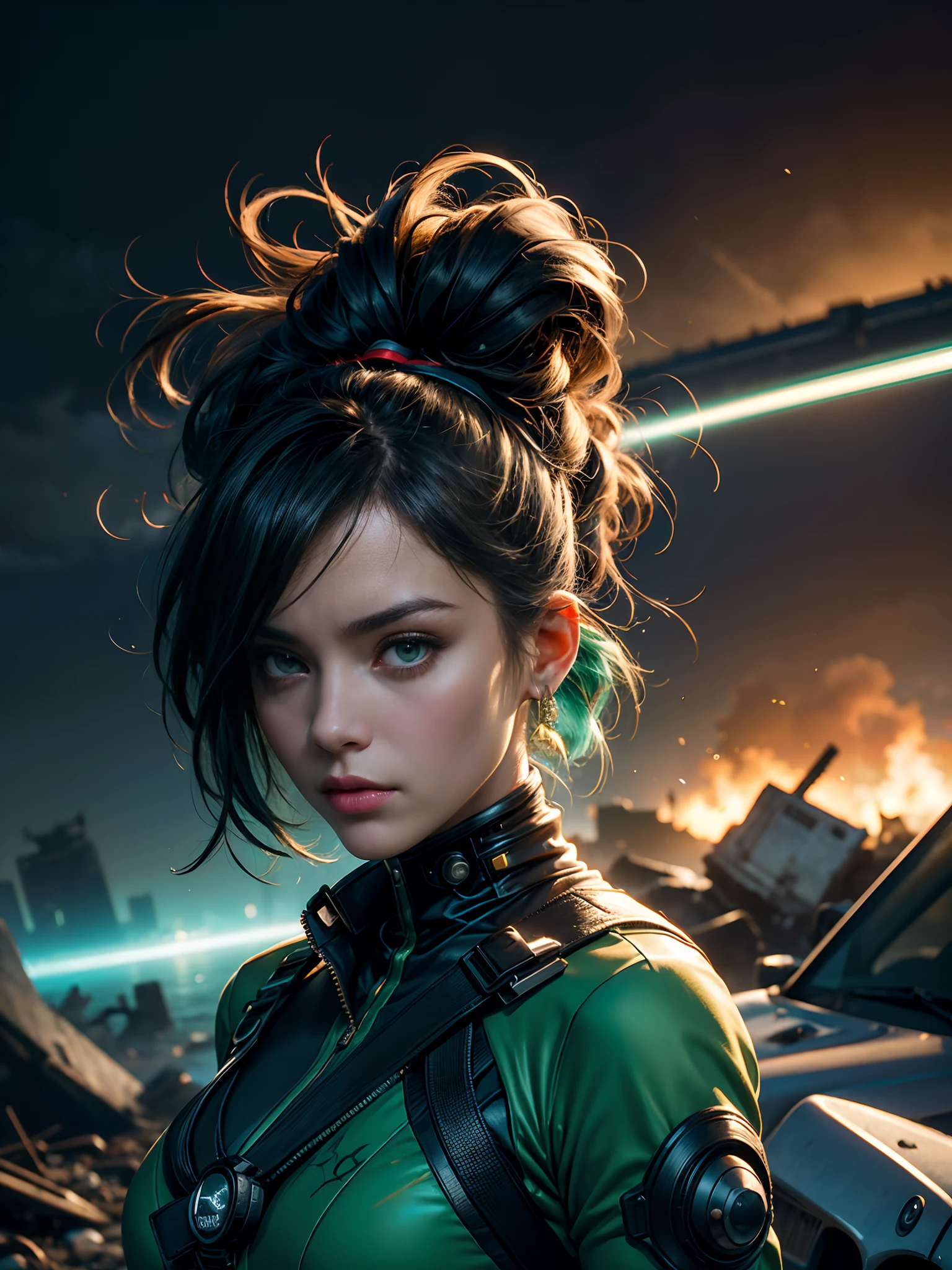 ((Woman in green uniform holding a gun in a destroyed city)), Arte cyberpunk inspirada em Stanley Artgerm, Vencedor do concurso CGSetline, Arte Digital, Artgerm Julie Bell Beeple, Wojtek FUS, Artgerm e Lois van Baarle, ((Retrato de corpo inteiro de Jean Grey)), fotorrealista, fotografia, master part, Realistic, Realismo, fotorrealismoo, Alto contraste, photorealistic digital art trending in Artstation 8k HD high definition detailed realistic, circunstanciado, textura da pele, hiper detalhado, textura de pele realista, armadura, best quality, ultra high-resolution, (fotorrealista:1.4),, high resolution, circunstanciado, Foto RAW, sharp re, by Lee Jeffries Nikon D850 film Stock Photography 4 Kodak Portra 400 camera F1.6 lens rich colors hyper realistic lifelike texture dramatic lighting unrealengine trending on artstation cinestill 800,