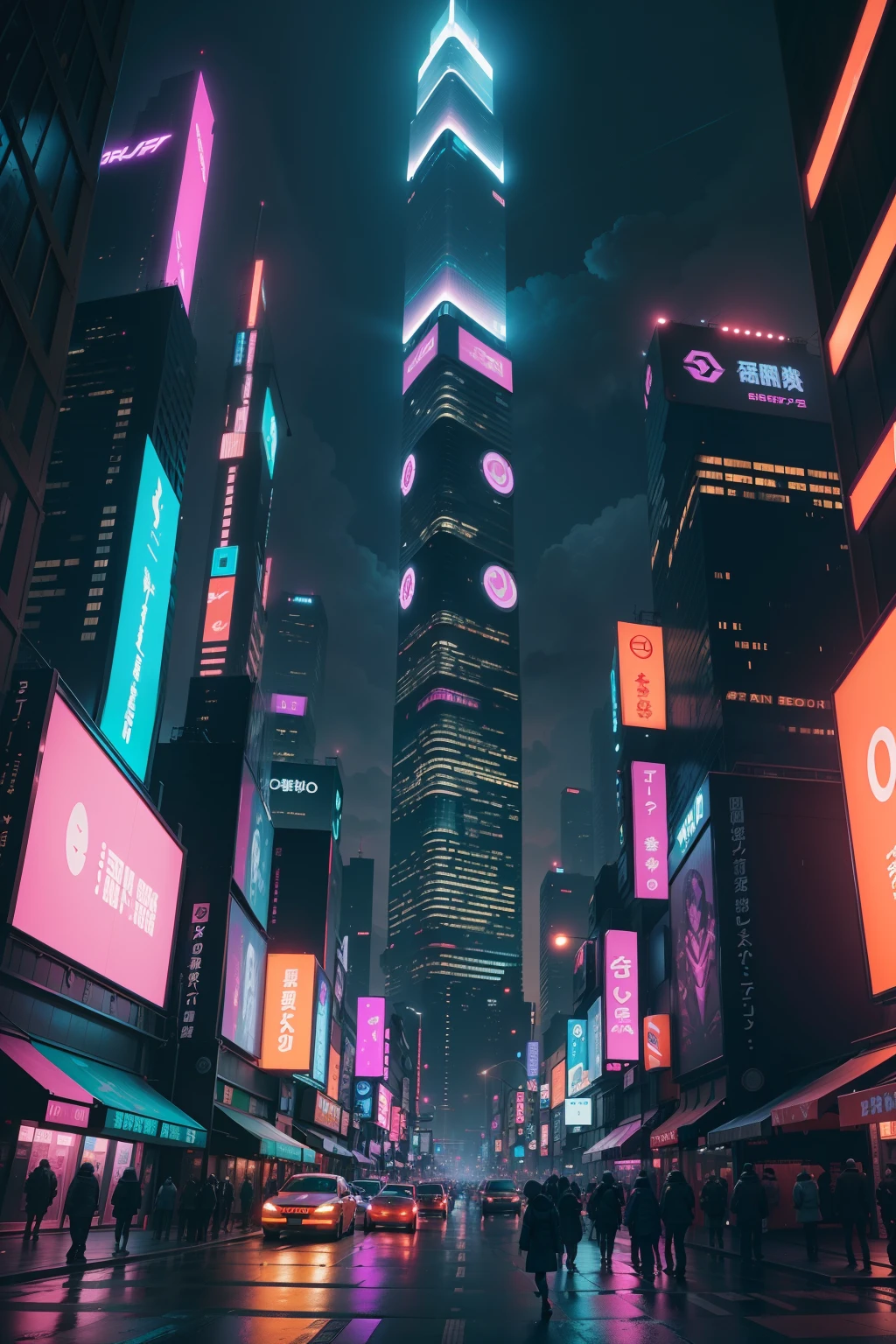 Create attractive and detailed illustrations of the night view of futuristic Tokyo Cyberpunk City. The scene should depict the metropolis of the future, Towering skyscrapers decorated with neon lights and holographic advertising, Showcase the city's technological advancements and luxury. Angle from below、Stirring composition、fisheye lens

The sky should be filled with a vivid mix of purple, pink there, and orange, Heralding the arrival of a new day. The rays of the rising sun should cast a long shadow over the cityscape, Create a dynamic play of light and shadow in futuristic buildings and bustling streets.

The city must be rich in intricate details, Exhibition of advanced transportation systems, flying vehicles. neon signs, a hologram, And the billboard should illuminate the street, Add to the cyberpunk atmosphere.

The artwork is、Must reflect the vibrant energy and dynamism of the city, Bring viewers to the nooks and crannies of this futuristic metropolis々There are rich details that invite you to explore up to. Overall, The illustration is、It should immerse viewers in a thrilling and visually stunning cyberpunk world where the future meets innovation and urban sophistication.