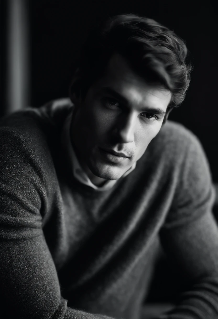 Um rapaz de 26 anos, sentado em uma poltrona em um quarto, He's wearing a turtleneck sweater, His eyebrows are thick and his eyes are dark looking at the viewer. sexy, foto sexy, alta qualidade, cicatrizes detalhadas