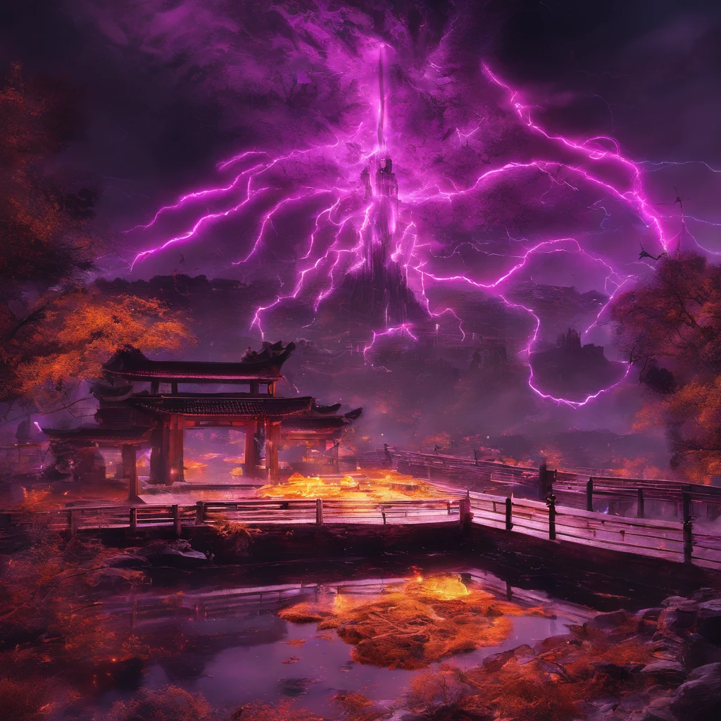 In heavy rain，（（A huge castle complex of ancient square-topped stones burning in the fire））The picture quality is excellent，Lightning，Yellow light fog，电影灯光，Natural, realistic colors，Full composition，The style refers to Van Gogh，Subject content，Burning wooden ancient domed stone giant castle game scene 1：60 miniatures，Lightning and lightning，Agate glass texture 32K（tmasterpiece，k hd，hyper HD，32K）Long flowing bright purple hair，Autumn Pond，zydink， a color， Asian people （Kizi）， （Red scarf）， Combat posture， looking at the ground， long whitr hair， Floating bright purple， Fire cloud pattern gold tiara， Chinese long-sleeved gold silk garment， （abstract ink splash：1.2）， white backgrounid，Lotus protector（realisticlying：1.4），Bright purple hair，Smoke on the road，The background is pure， A high resolution， the detail， RAW photogr， Sharp Re， Nikon D850 Film Stock Photo by Jefferies Lee 4 Kodak Portra 400 Camera F1.6 shots, Rich colors, ultra-realistic vivid textures, Dramatic lighting, Unreal Engine Art Station Trend, cinestir 800，Long flowing bright purple hair