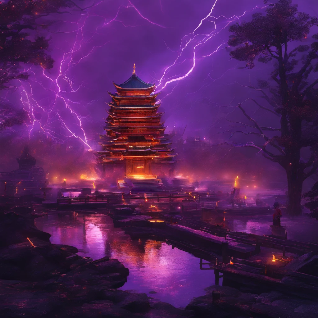 In heavy rain，（（A huge castle complex of ancient square-topped stones burning in the fire））The picture quality is excellent，Lightning，Yellow light fog，电影灯光，Natural, realistic colors，Full composition，The style refers to Van Gogh，Subject content，Burning wooden ancient domed stone giant castle game scene 1：60 miniatures，Lightning and lightning，Agate glass texture 32K（tmasterpiece，k hd，hyper HD，32K）Long flowing bright purple hair，Autumn Pond，zydink， a color， Asian people （Kizi）， （Red scarf）， Combat posture， looking at the ground， long whitr hair， Floating bright purple， Fire cloud pattern gold tiara， Chinese long-sleeved gold silk garment， （abstract ink splash：1.2）， white backgrounid，Lotus protector（realisticlying：1.4），Bright purple hair，Smoke on the road，The background is pure， A high resolution， the detail， RAW photogr， Sharp Re， Nikon D850 Film Stock Photo by Jefferies Lee 4 Kodak Portra 400 Camera F1.6 shots, Rich colors, ultra-realistic vivid textures, Dramatic lighting, Unreal Engine Art Station Trend, cinestir 800，Long flowing bright purple hair