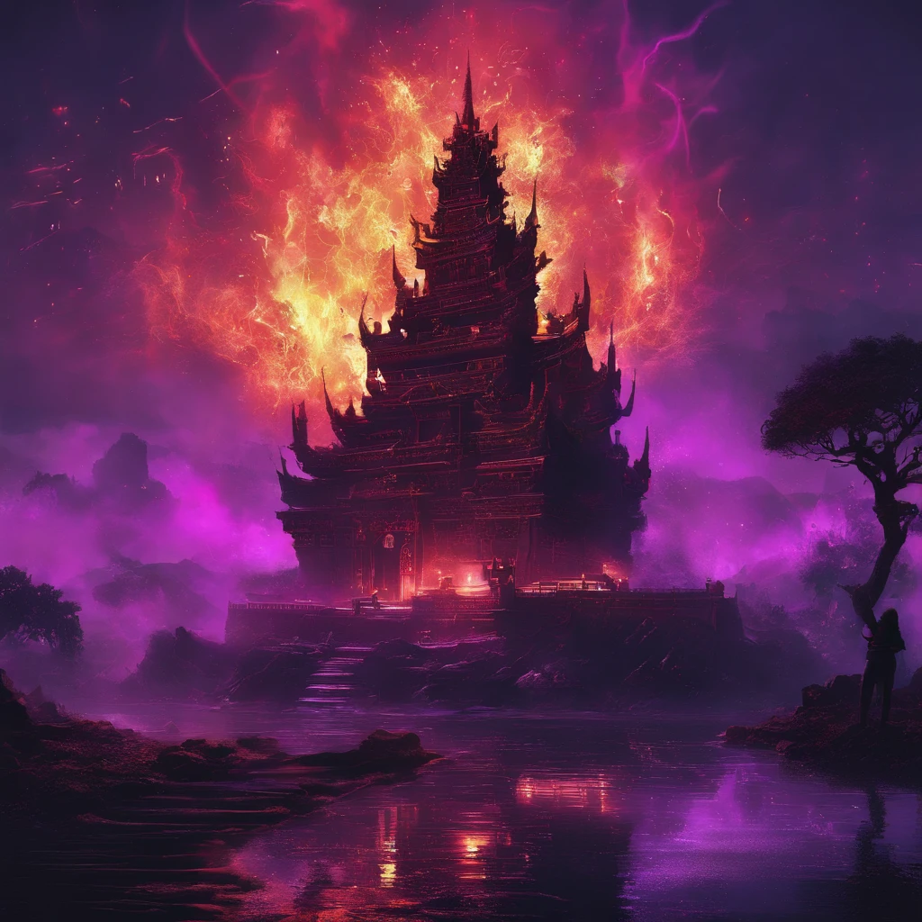 In heavy rain,((A huge castle complex of ancient square-topped stones burning in the fire))The picture quality is excellent,Lightning,Yellow light fog,电影灯光,Natural, realistic colors,Full composition,The style refers to Van Gogh,Subject content,Burning wooden ancient domed stone giant castle game scene 1:60 miniatures,Lightning and lightning,Agate glass texture 32K(tmasterpiece,k hd,hyper HD,32K)Long flowing bright purple hair,Autumn Pond,zydink, a color, Asian people (Kizi), (Red scarf), Combat posture, looking at the ground, long whitr hair, Floating bright purple, Fire cloud pattern gold tiara, Chinese long-sleeved gold silk garment, (abstract ink splash:1.2), white backgrounid,Lotus protector(realisticlying:1.4),Bright purple hair,Smoke on the road,The background is pure, A high resolution, the detail, RAW photogr, Sharp Re, Nikon D850 Film Stock Photo by Jefferies Lee 4 Kodak Portra 400 Camera F1.6 shots, Rich colors, ultra-realistic vivid textures, Dramatic lighting, Unreal Engine Art Station Trend, cinestir 800,Long flowing bright purple hair