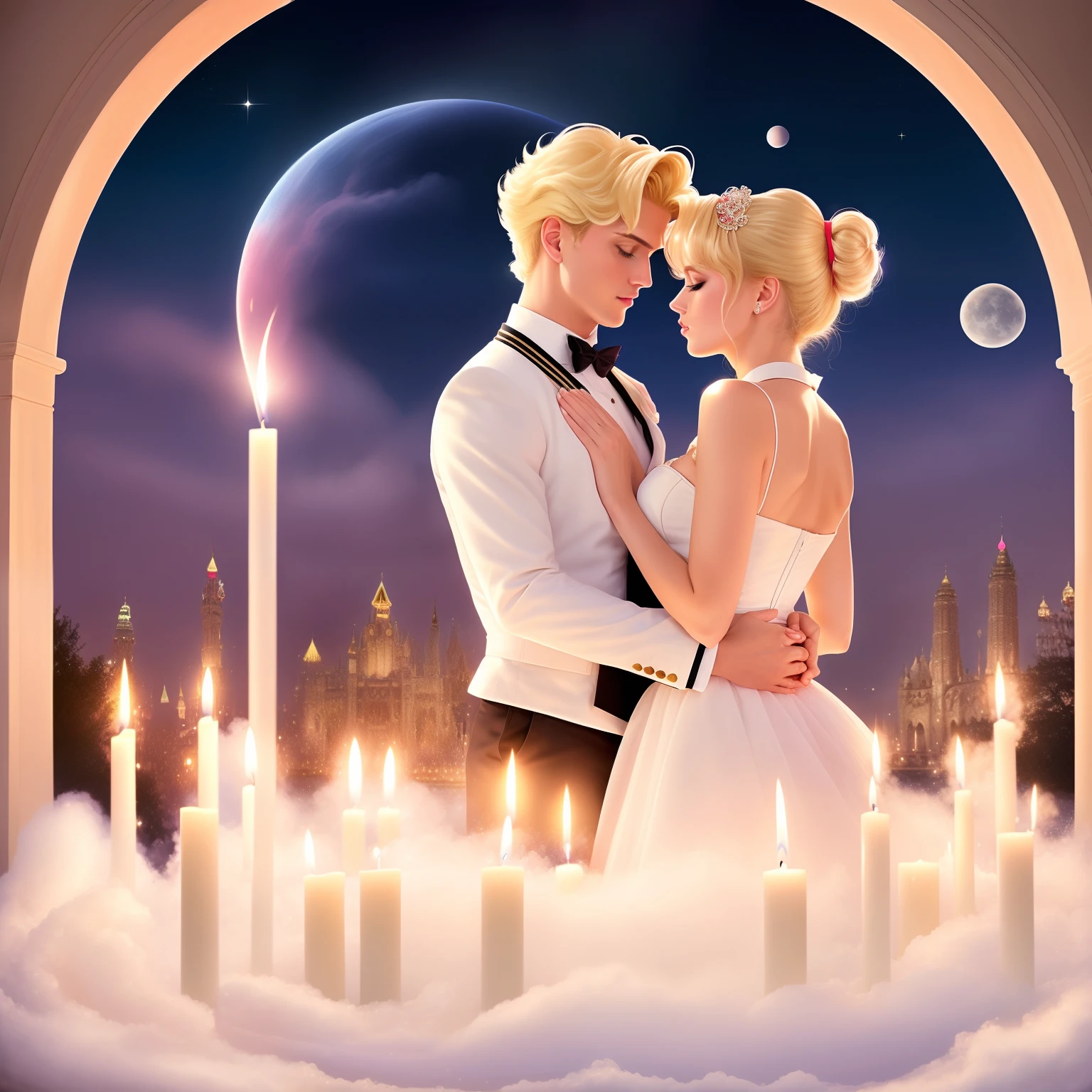 (Best quality, 4k,8k,high res,masterpiece:1.2),Ultra-detailed, Sailor Moon (blonde hair) & Tuxedo Mask being intimate in a bubble bath, surrounded by candles.