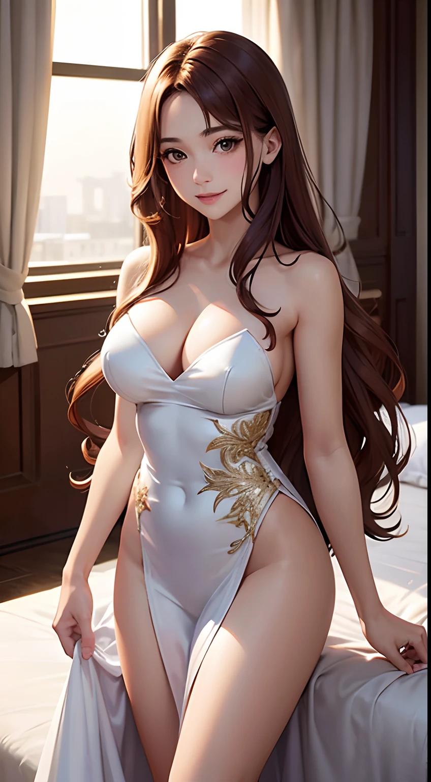 （（masutepiece、Best Quality、hight resolution、Perfect Pixel）））top-quality,　intricate detailes、1womanl、Solo、Beautuful Women、an animated character、33yo、（（Detailed long hair of chestnut color））、Wavy long hair、（（Detailed face、Facial Gloss:1.2. Smiling））,　Hazel Eye、（（sparkling effect））、Elegant dress、inside in room、luxury hotel、Bokeh:1·4,　Light is shining、Smiling、the perfect body、full body Esbian、Fashionable