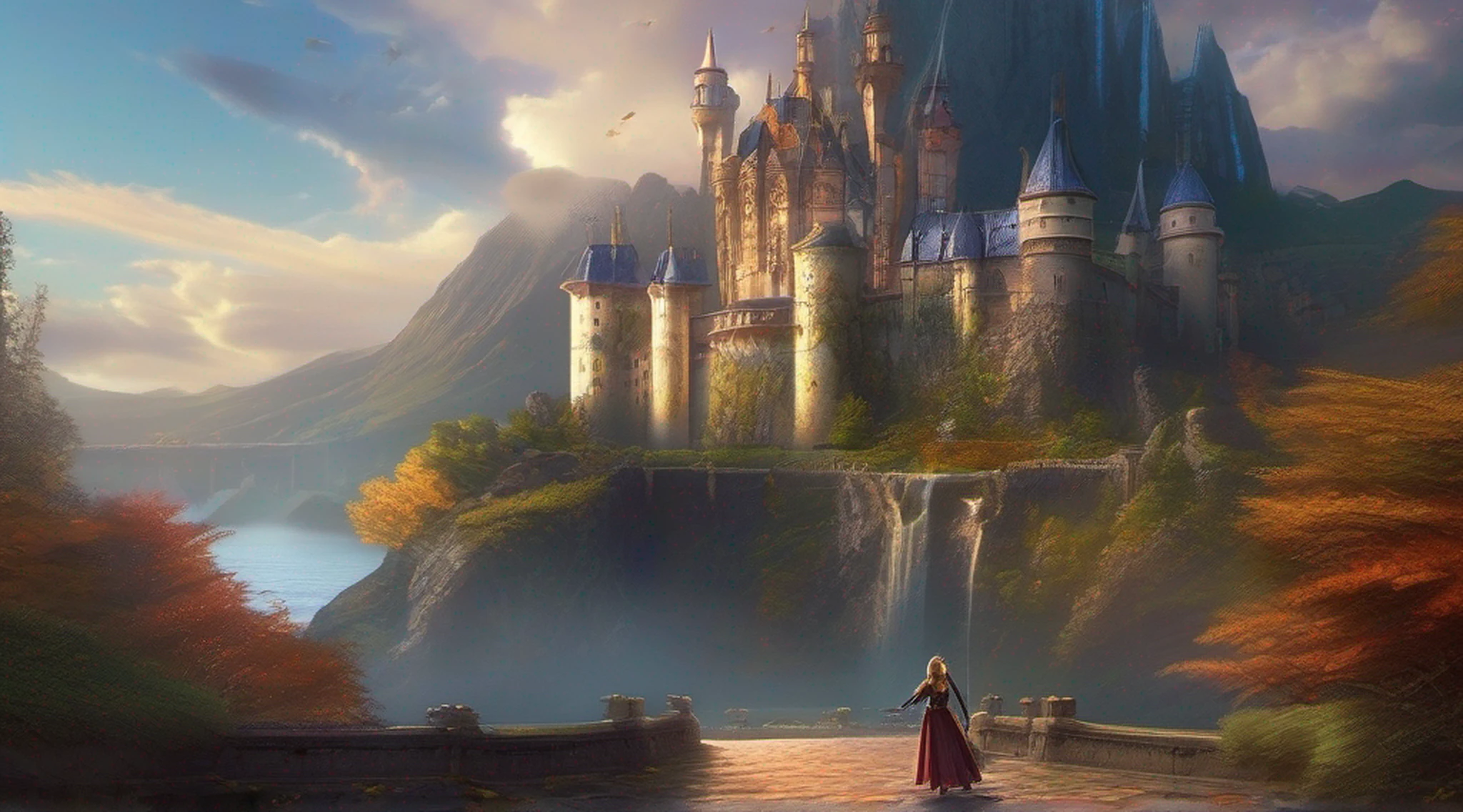 a woman in a fantasy setting with a sword and a castle, detailed digital 2d fantasy art, 4k fantasy art, high quality fantasy art, 2. 5 d cgi anime fantasy artwork, detailed fantasy art, digital 2d fantasy art, hd fantasy art, fantasy game art, 8k fantasy art, fantasy art behance, epic fantasy art style hd