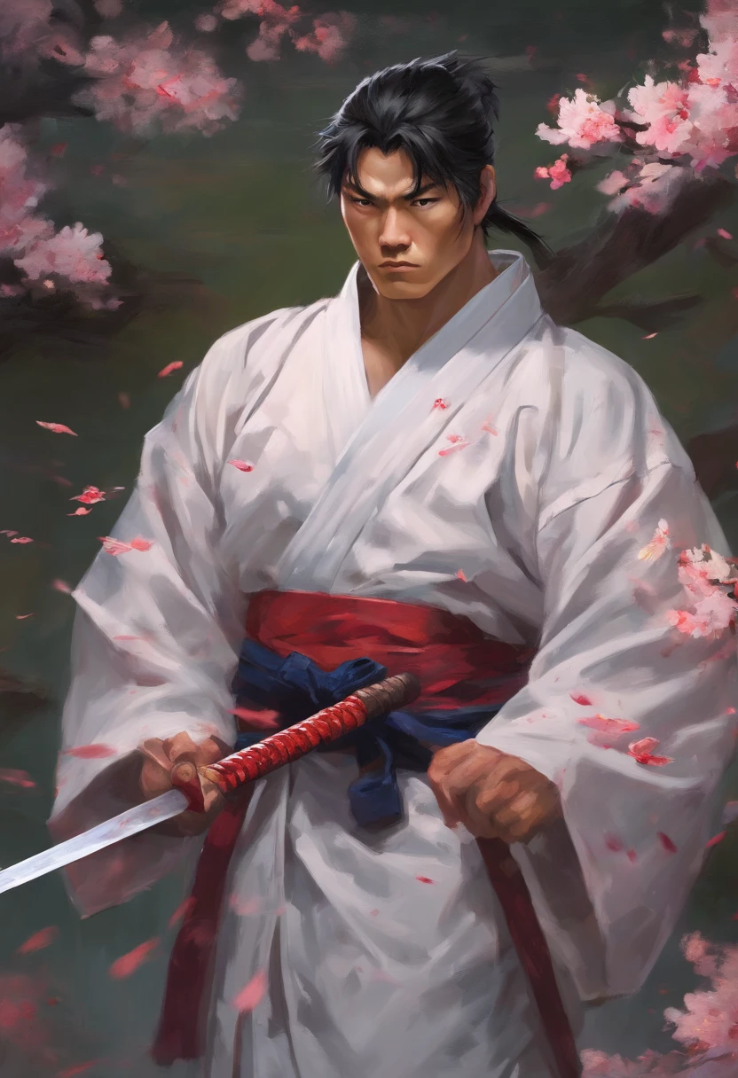 (best quality,4k,highres,masterpiece:1.2),detailed eyes and face,longeyelashes,sharp focus,ultra-detailed,physically-based rendering,vivid colors,bokeh,studio lighting,portrait,realistic,colors: vibrant and saturated,lighting: soft and warm,detail: expressive wrinkles and features,background: blurred but recognizable,Medium: oil painting,texture: rich and layered,subject: Ryu's intense gaze,challenge: rendering the fine details of Ryu's hair,posture: confident and strong,wardrobe: traditional Japanese clothing,props: katana (sword),mood: powerful and mysterious,scene: calm and serene nature setting,details: falling cherry blossom petals,reflection: signature headband and wristbands,surroundings: serene garden with a pond and lanterns.