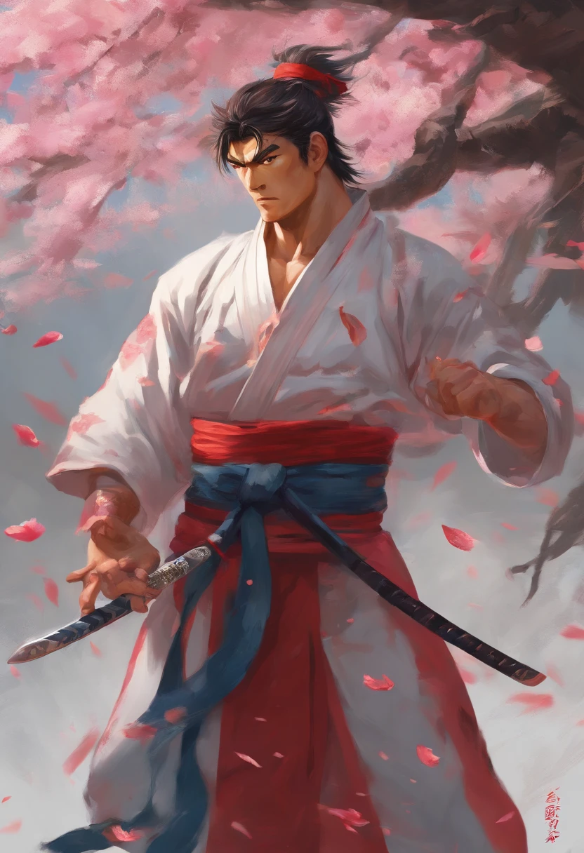 (best quality,4k,highres,masterpiece:1.2),detailed eyes and face,longeyelashes,sharp focus,ultra-detailed,physically-based rendering,vivid colors,bokeh,studio lighting,portrait,realistic,colors: vibrant and saturated,lighting: soft and warm,detail: expressive wrinkles and features,background: blurred but recognizable,Medium: oil painting,texture: rich and layered,subject: Ryu's intense gaze,challenge: rendering the fine details of Ryu's hair,posture: confident and strong,wardrobe: traditional Japanese clothing,props: katana (sword),mood: powerful and mysterious,scene: calm and serene nature setting,details: falling cherry blossom petals,reflection: signature headband and wristbands,surroundings: serene garden with a pond and lanterns.