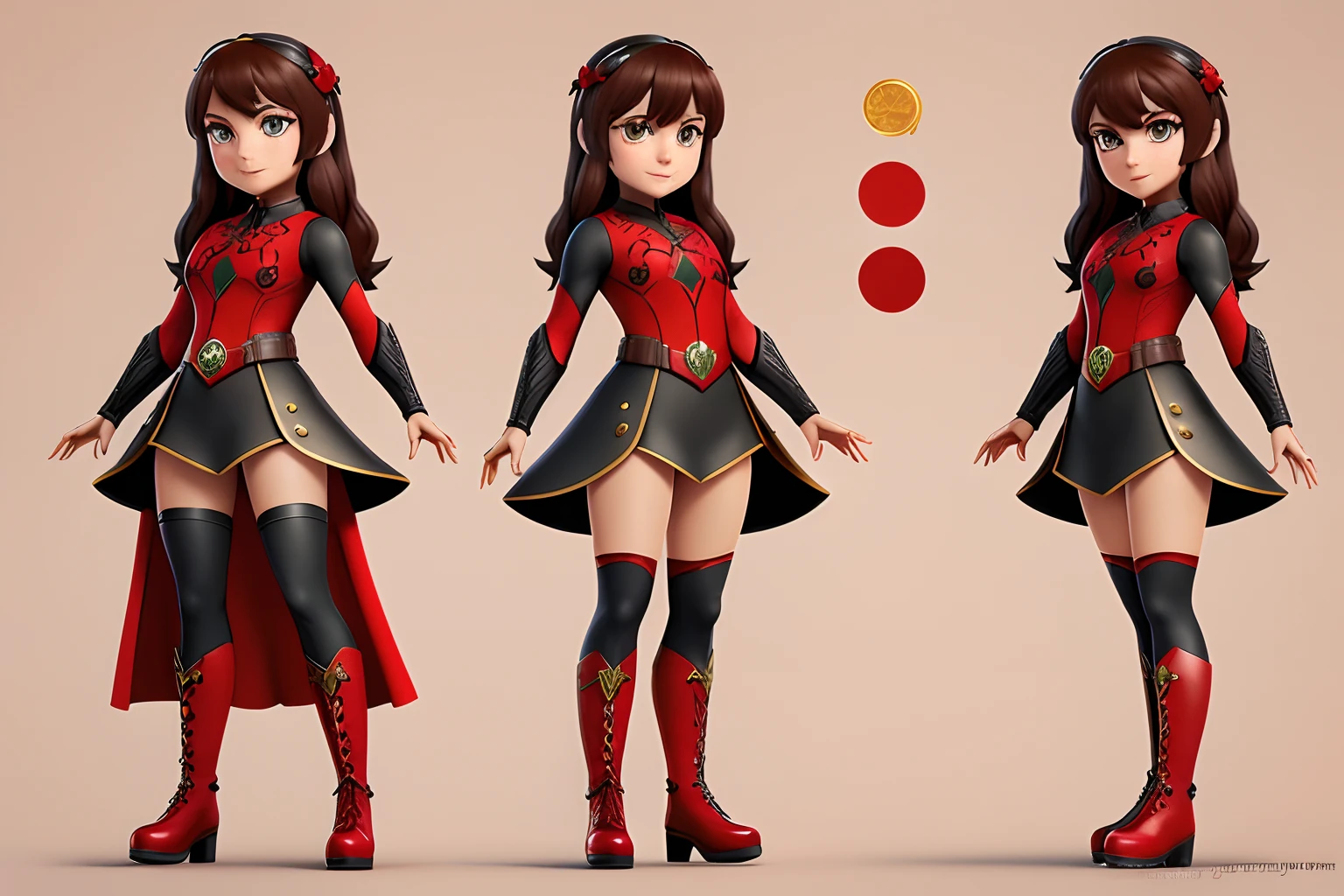 a character woman with long brown hair and bangs, golden eyes and wearing a red medieval dress and brown boots, different angles, in the style of Miraculous Ladybug, character sheet, white background --ar 3:2,character poses