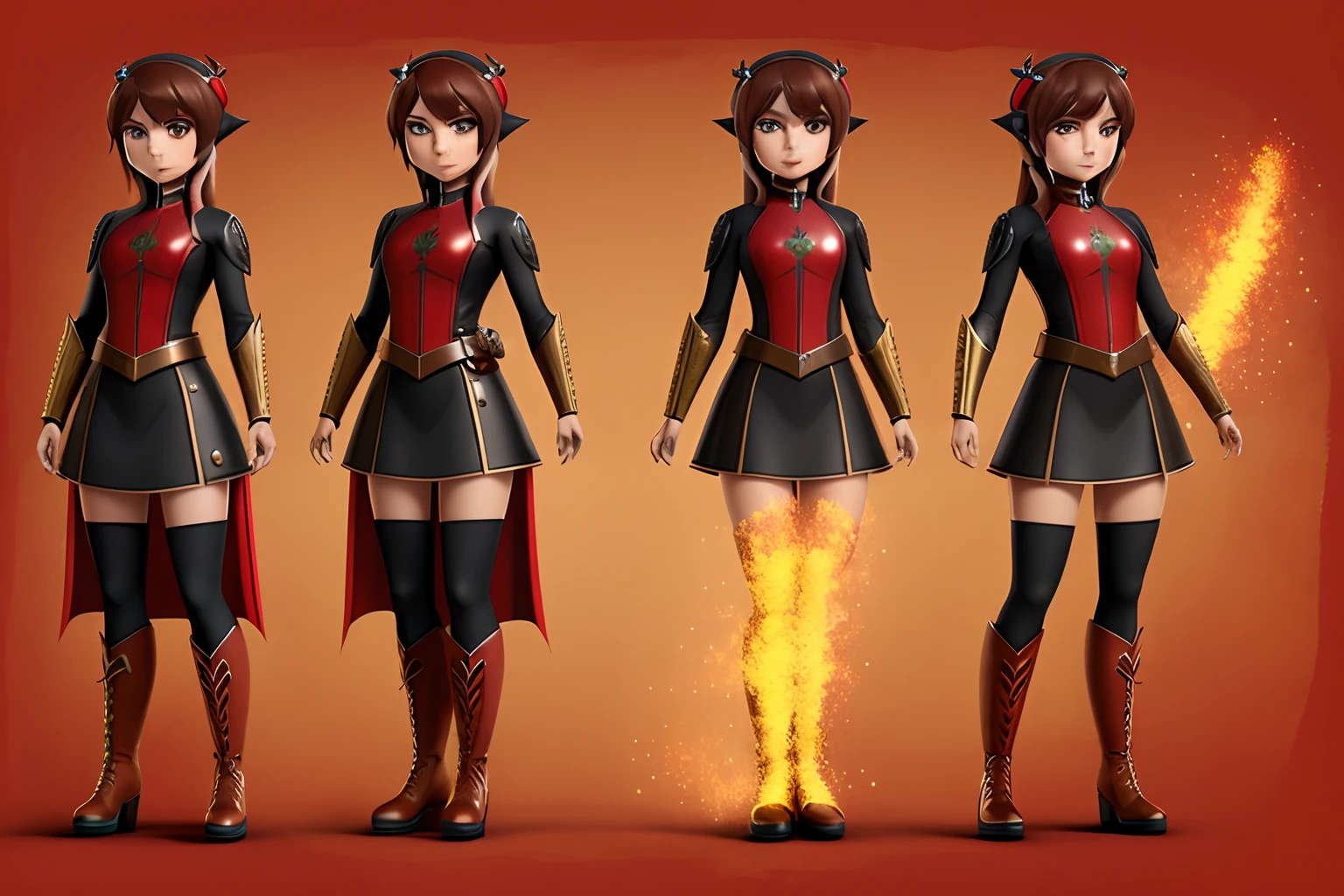 a character woman with long brown hair and bangs, golden eyes and wearing a red medieval dress and brown boots, different angles, in the style of Miraculous Ladybug, character sheet, white background --ar 3:2,character poses