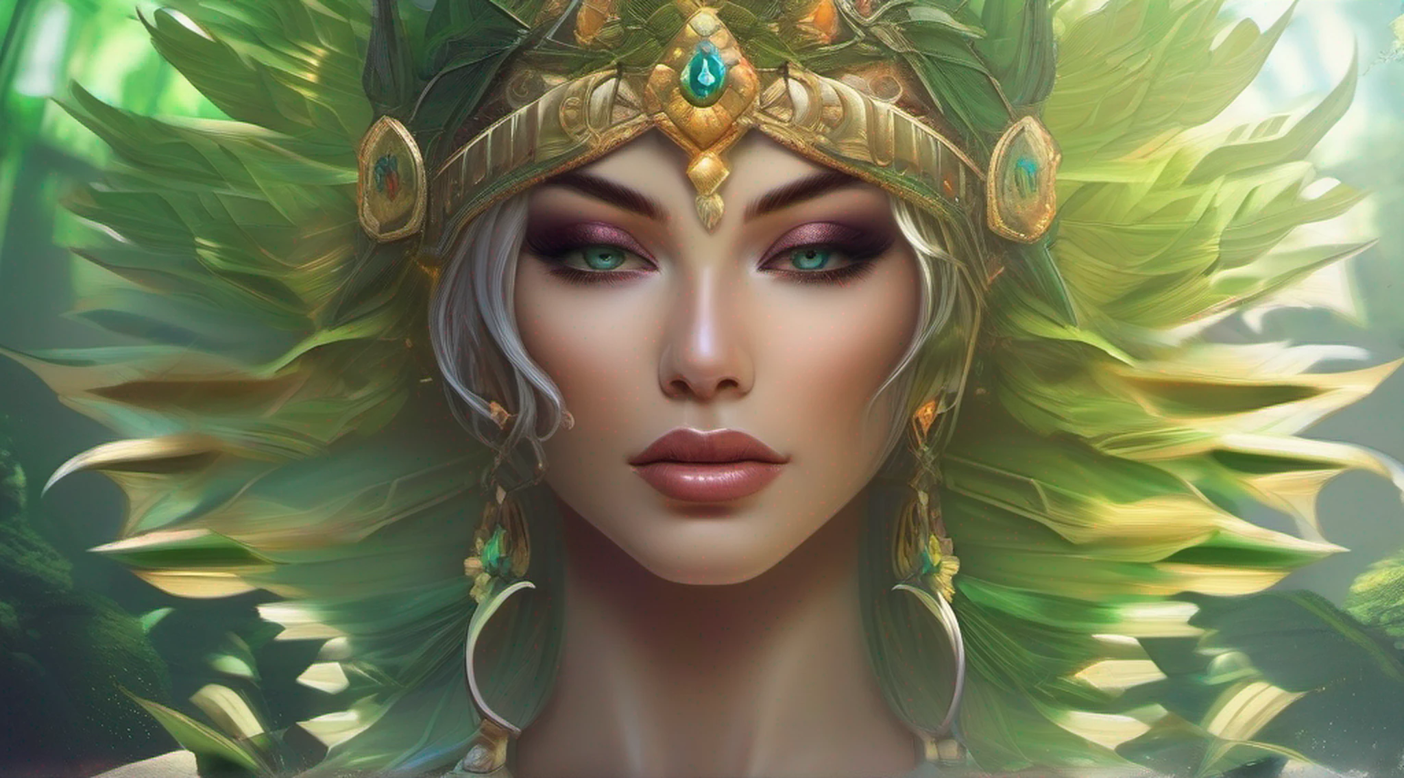 um retrato de corpo inteiro de uma mulher em um vestido verde e branco com uma coroa, Artgerm e Wlop, Artgerm Julie Bell Beeple, Aly Fell e Artgerm, Modelo IG | Artgerm, wlop e Artgerm, Cavaleiro elfo sedutor da princesa, Artgerm extremamente detalhado, Rainha elfa bonita e elegante, , de frente ao penhasco, fim de tarde, (sun sunset), de frente para o espectador, postura de luta, (segurando uma espada e escudo), a cold expression, armadura de dourada e preta por todo o corpo.