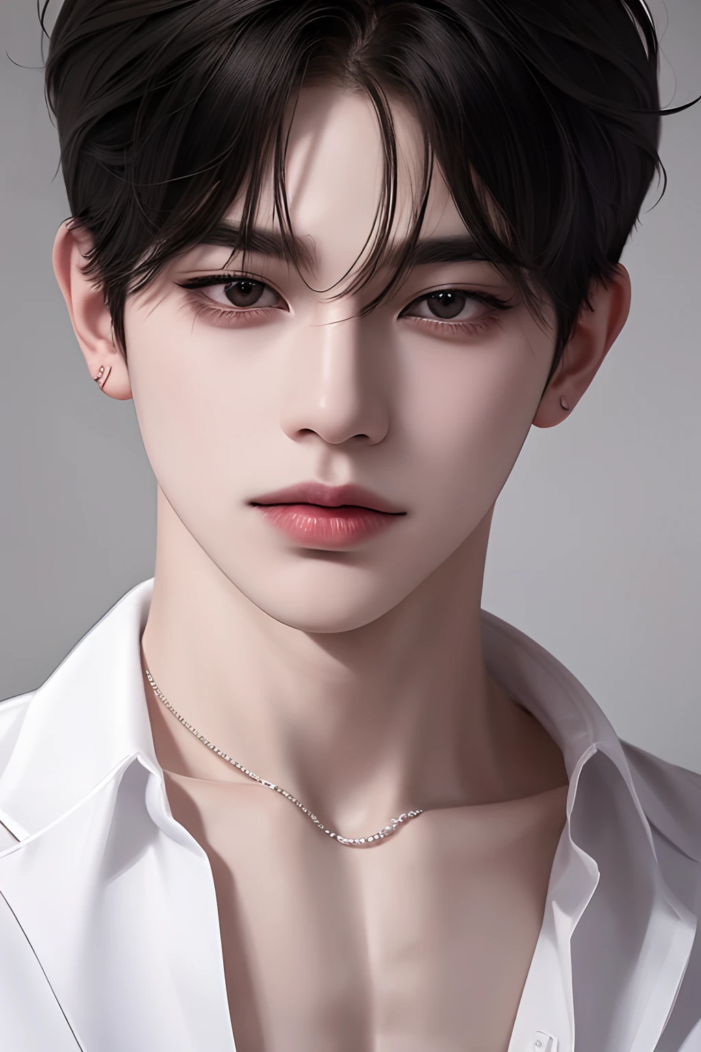 man, handsome, korean bad boy, ultra-detailed,hyper details,cinematic light, solo,stand,white studio,black-and-white-filter,closeup,front,looking at viewer from front,manhwa-style,unbutton-shirt,tattoo in chest,black-hair,messy-bangs,emo-haircut,model,pose,piercing,cross-necklace,smile-teeth.