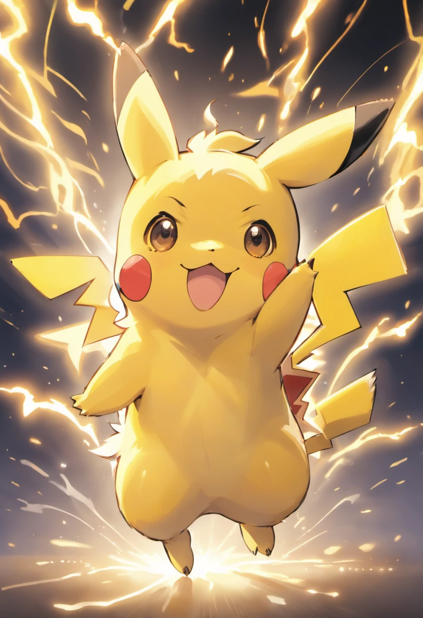(best quality,4k,8k,highres,masterpiece:1.2),ultra-detailed,(realistic,photorealistic,photo-realistic:1.37),creature design,pikachu-like appearance,vivid colors,cartoon style,electric type,shiny texture,sparkling eyes,playful expression,tail with zigzag pattern,lightning bolt-shaped ears,body covered in yellow fur,cheek pouches with electricity sparks,small, rounded nose and mouth,standing on hind legs,holding a thunderbolt in its hand,animated background with stormy clouds and lightning,illuminated by a bright beam of light,crackling sound effect.