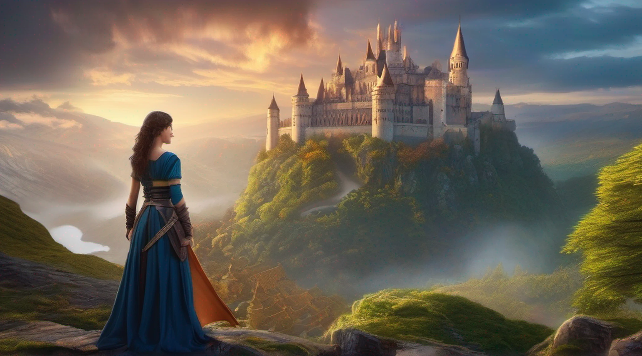 a woman in a fantasy setting with a sword and a castle, detailed digital 2d fantasy art, 4k fantasy art, high quality fantasy art, 2. 5 d cgi anime fantasy artwork, detailed fantasy art, digital 2d fantasy art, hd fantasy art, fantasy game art, 8k fantasy art, fantasy art behance, epic fantasy art style hd