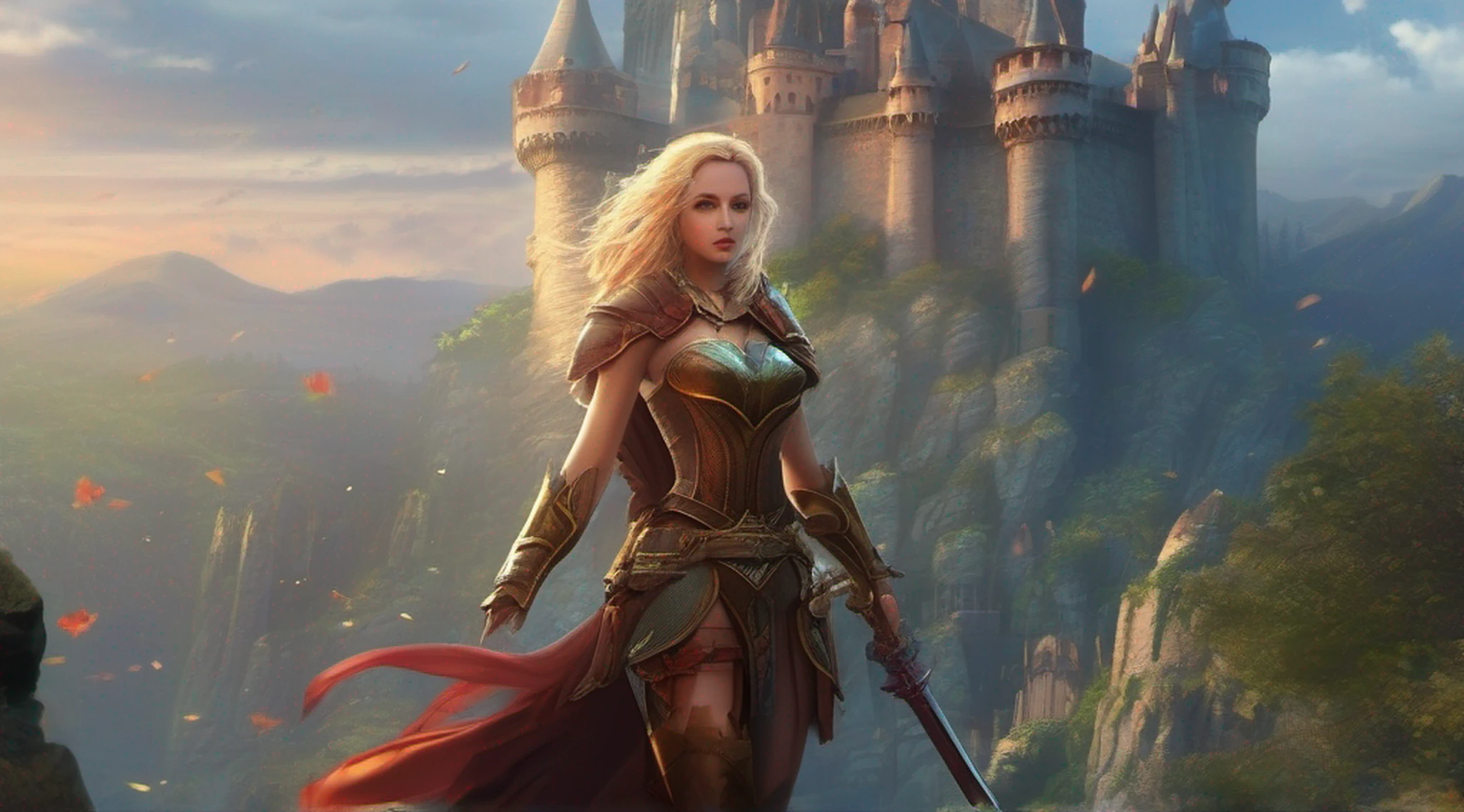a woman in a fantasy setting with a sword and a castle, detailed digital 2d fantasy art, 4k fantasy art, high quality fantasy art, 2. 5 d cgi anime fantasy artwork, detailed fantasy art, digital 2d fantasy art, hd fantasy art, fantasy game art, 8k fantasy art, fantasy art behance, epic fantasy art style hd