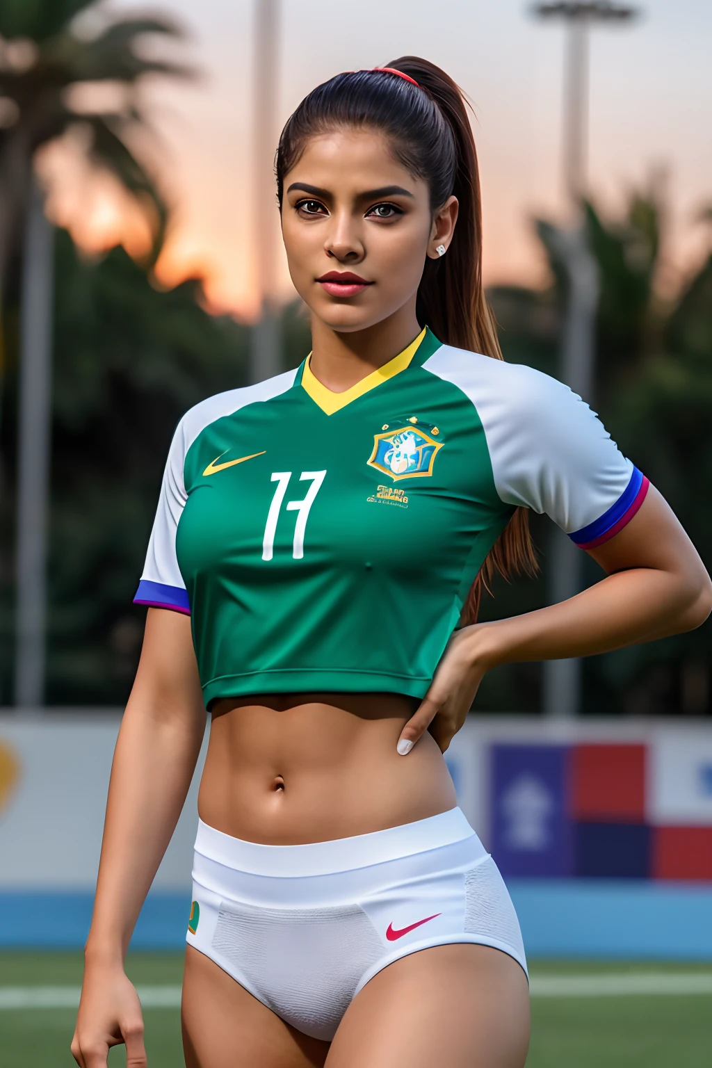 (Fotoreal: 1.4), (hyper-realistic: 1.4), (Realistic: 1.3), (smooth lighting: 1.05), (Improved cinematic lighting: 0.9), 32k, 1 girl, de 20 anos, realistic lighting, luz de fundo, luz facial, Raytrace, (Luz clareadora: 1.2), (Aprimoramento de imagem: 1.4), ( Skins reais de alta qualidade: 1.4) cara fina, (Linha Corporal Mood Increase: 1.1), seios grandes, Big, (Beleza de Aprimoramento de Textura da Pele: 1.1),Uniform of the Brazilian national football team l:1.4, coxas coxas coxas coxas coxas, Saliente , virilha
