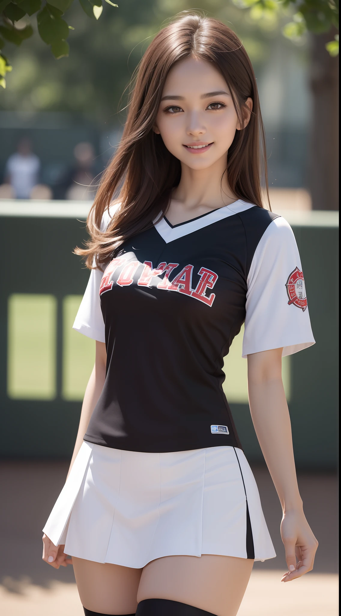8k, masterpiece, RAW photo, best quality, photorealistic, extremely detailed CG unity 8k wallpaper, Depth of field, Cinematic Light, Lens Flare, Ray tracing, (extremely beautiful face, beautiful lips, beautiful eyes), intricate detail face, ((ultra detailed skin)) 1girl, in the dark, deep shadow, pretty asian girl, 1 girl, (very slim slender fit-muscled body:1.3), ((looking at viewer)),(big smile:1.3), (short skirt ), (white mini skirt ), (ultra mini skirt ), pantyhose, clear eyes, walking , front shot, (pale skin), (big eyes), face forward, ((big baseball shirt)), (brown hairs), (baseball uniform), (looking at viewer:1.3) very slim, medium breasts, (camel toe), laced stockings, sunny, landscape, trees, baseball grounds, cheerleading, cheerleader