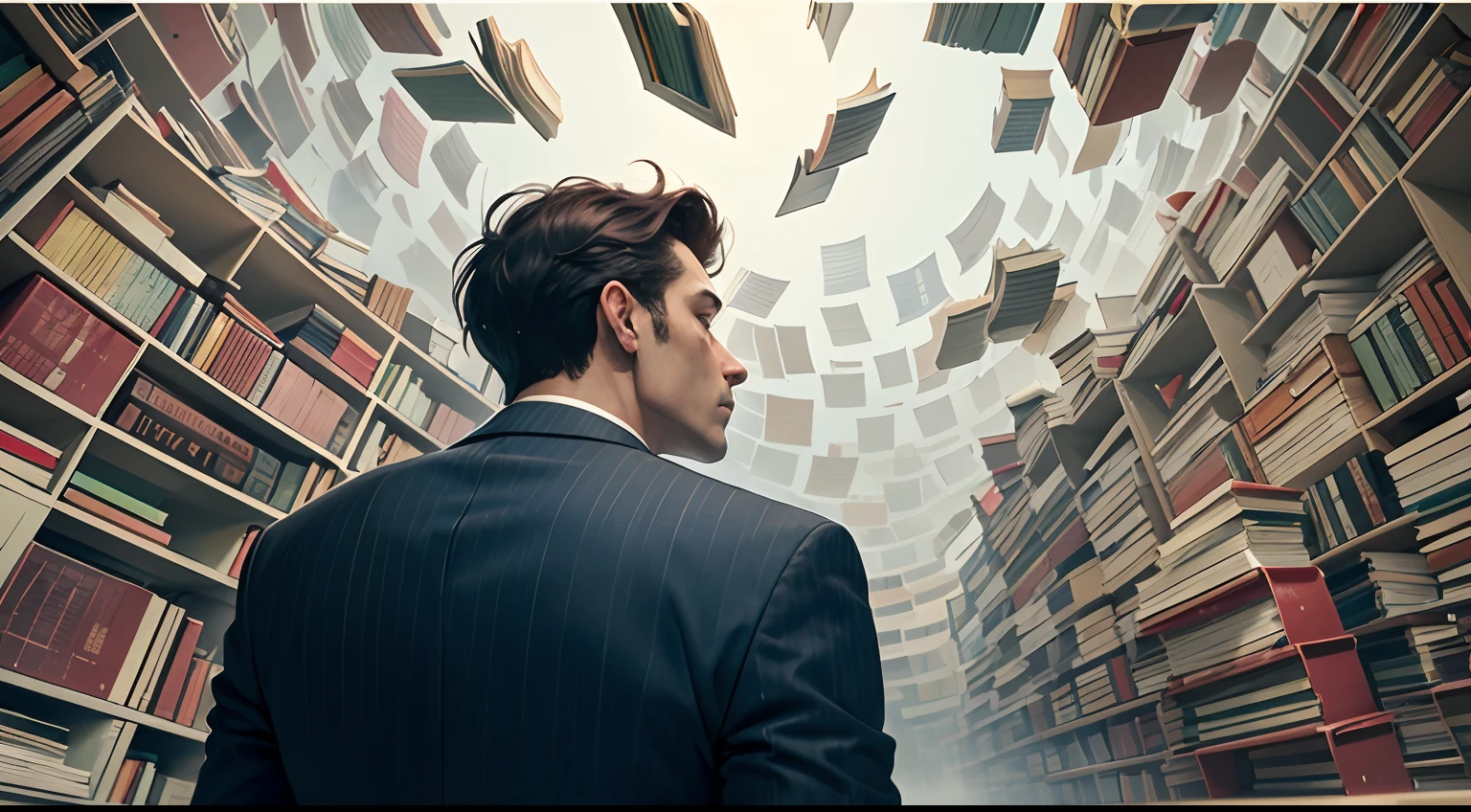 A man in a suit standing in the middle of the street, looking up in wonder as hundreds of books fall from the sky around him like rain. Open framing, low angle, books of all colors falling.