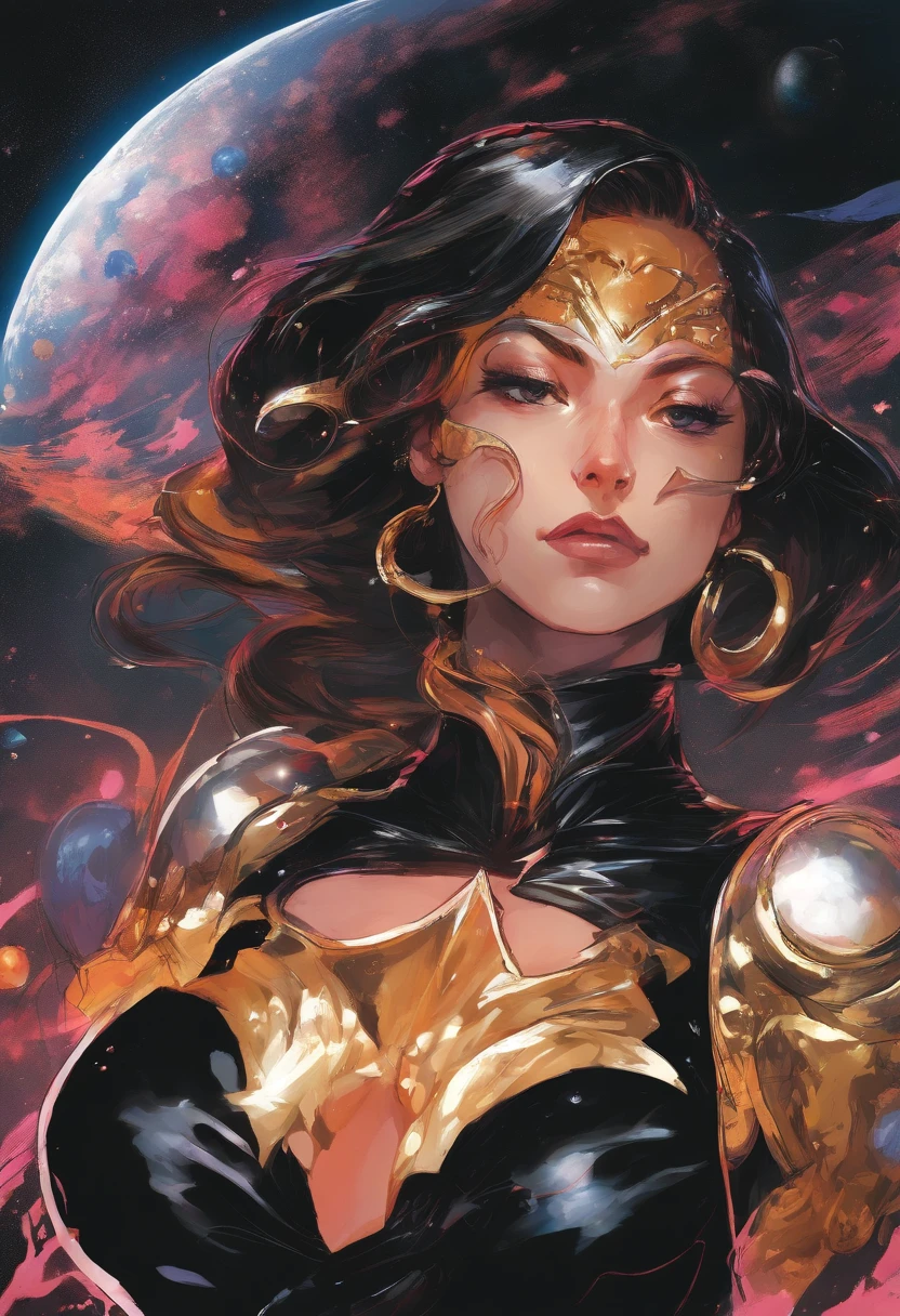 close-up of a young woman wearing a black dress and gold liquid, liquid gold with porpurine, shiny, pretty face, detailed eyes, soft lips, floating in outer space and planets in the background, fluid, wet, dripping, waxy, smooth, realistic , octane rendering