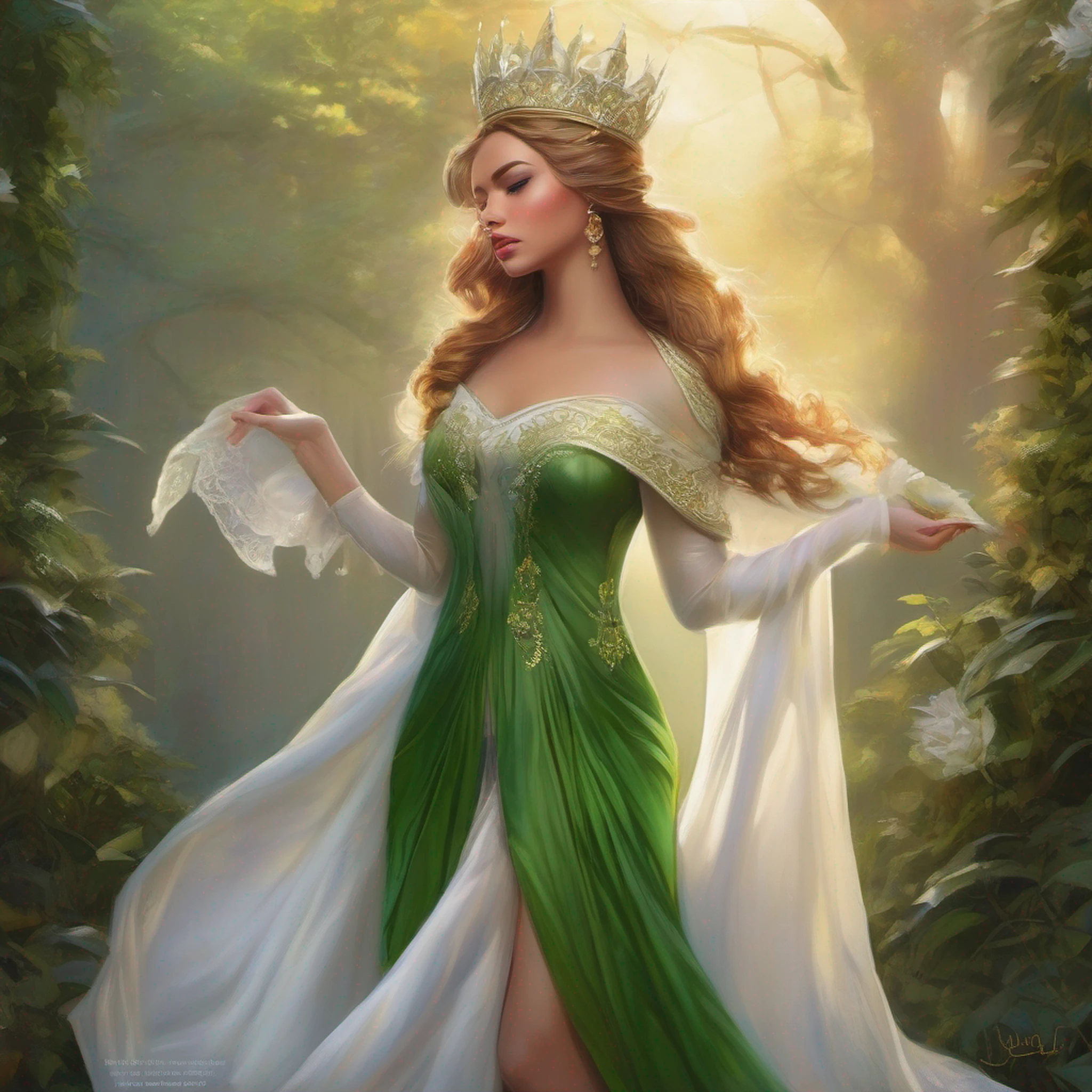 um retrato de corpo inteiro de uma mulher em um vestido verde e branco com uma coroa, Artgerm e Wlop, Artgerm Julie Bell Beeple, Aly Fell e Artgerm, Modelo IG | Artgerm, wlop e Artgerm, Cavaleiro elfo sedutor da princesa, Artgerm extremamente detalhado, Rainha elfa bonita e elegante, , de frente ao penhasco, fim de tarde, (sun sunset), de frente para o espectador, postura de luta, (segurando uma espada e escudo), a cold expression, armadura de dourada e preta por todo o corpo.