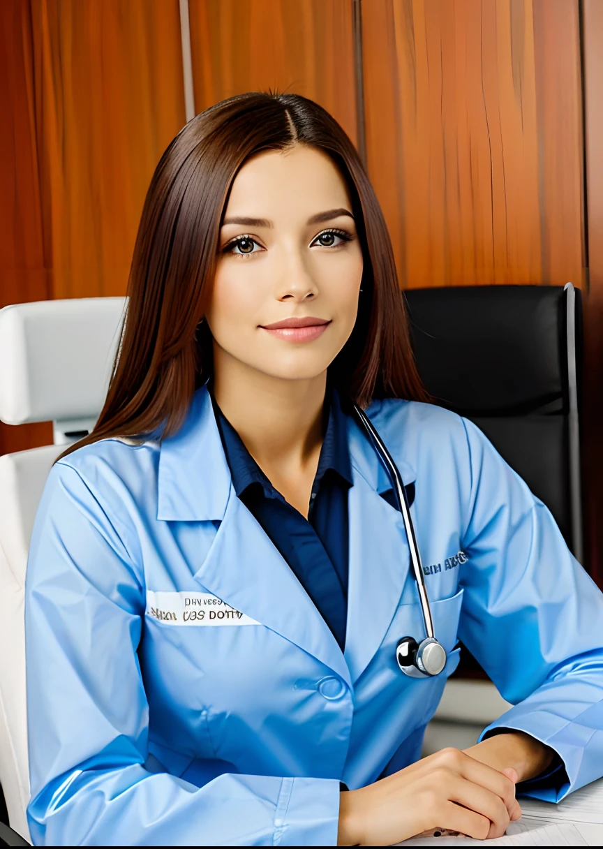 Medical woman sitting at a table, foto de uma mulher mem, sitting at desk, wearing a medical suit, Foto corporativa, mulher bonita, retrato profissional hd