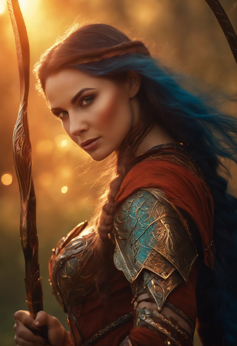 Elven Warrior Woman, exquisite facial features, voluptuous figure, bow and arrows, burning sky, A resolute expression, Very bright colors, Light particles, with light glowing, Mshiv, wallpaper art, UHD wallpaper