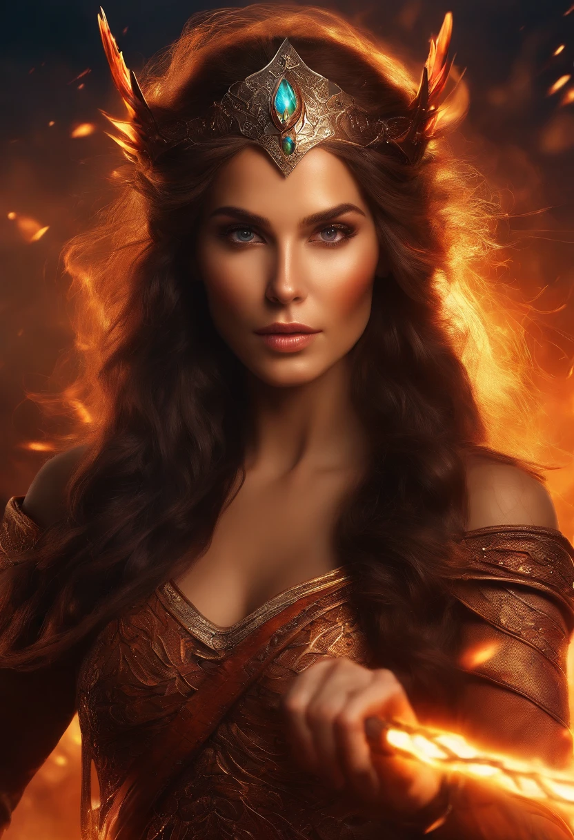Elven Warrior Woman, exquisite facial features, voluptuous figure, bow and arrows, burning sky, A resolute expression, Very bright colors, Light particles, with light glowing, Mshiv, wallpaper art, UHD wallpaper