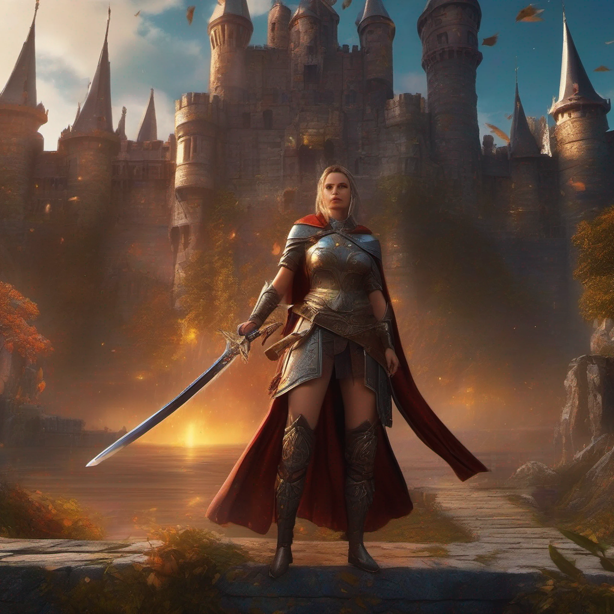 ((Best Quality)), ((Masterpiece)), ((Realistic)), ((Valkyrie)), Standing boldly before a roaring dragon's head, amidst a smoke-shrouded courtyard of a medieval fortress, due to the dragon's destructive flames shortly before the collapse stands. Debris and ash dance in the air as stray rays of moonlight find their way through the smoke into the courtyard, casting dramatic shadows. The Valkyrie, impressive in her detailed armour, her stance resolute, holds her sharp-forged spear ready to confront the dragon. Her helm reflects the flickering fire erupting from the dragon's head. Every piece of their armor and every element of their appearance speaks of their bravery and willingness to fight. The scorpion fish is a masterpiece in its own right, with bright, fierce eyes and sharp teeth protruding from its wide-open maw. Smoke and sparks rise from its nostrils, creating an ominous aura. Its mighty scales gleam in the dim moonlight, every detail testifying to its fearsome presence. The entire scene is lit by the flickering flames that eat away at the stonework of the once-proud fortress. One can clearly see the rough masonry, the cracks in the stones and the dust rising from the collapsing walls. Eye to eye, quaint, masterpiece