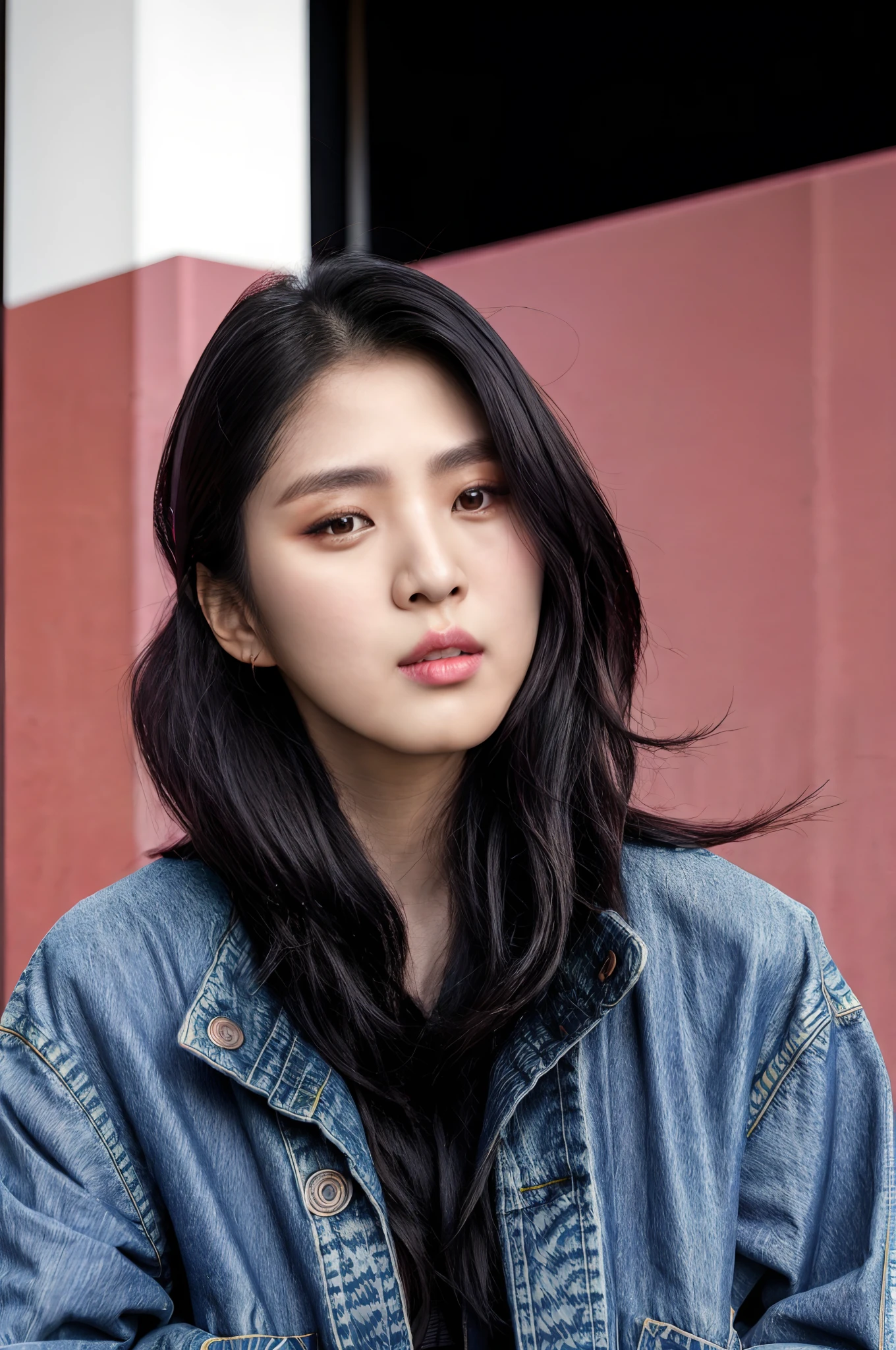 araffe woman with long black hair wearing a denim jacket, portrait of female korean idol, portrait of jossi of blackpink, shot on canon eos r5, shot on canon eos r 5, wan adorable korean face, shot on nikon z9, jinyoung shin, captured on canon eos r 6, taken with canon eos 5 d mark iv