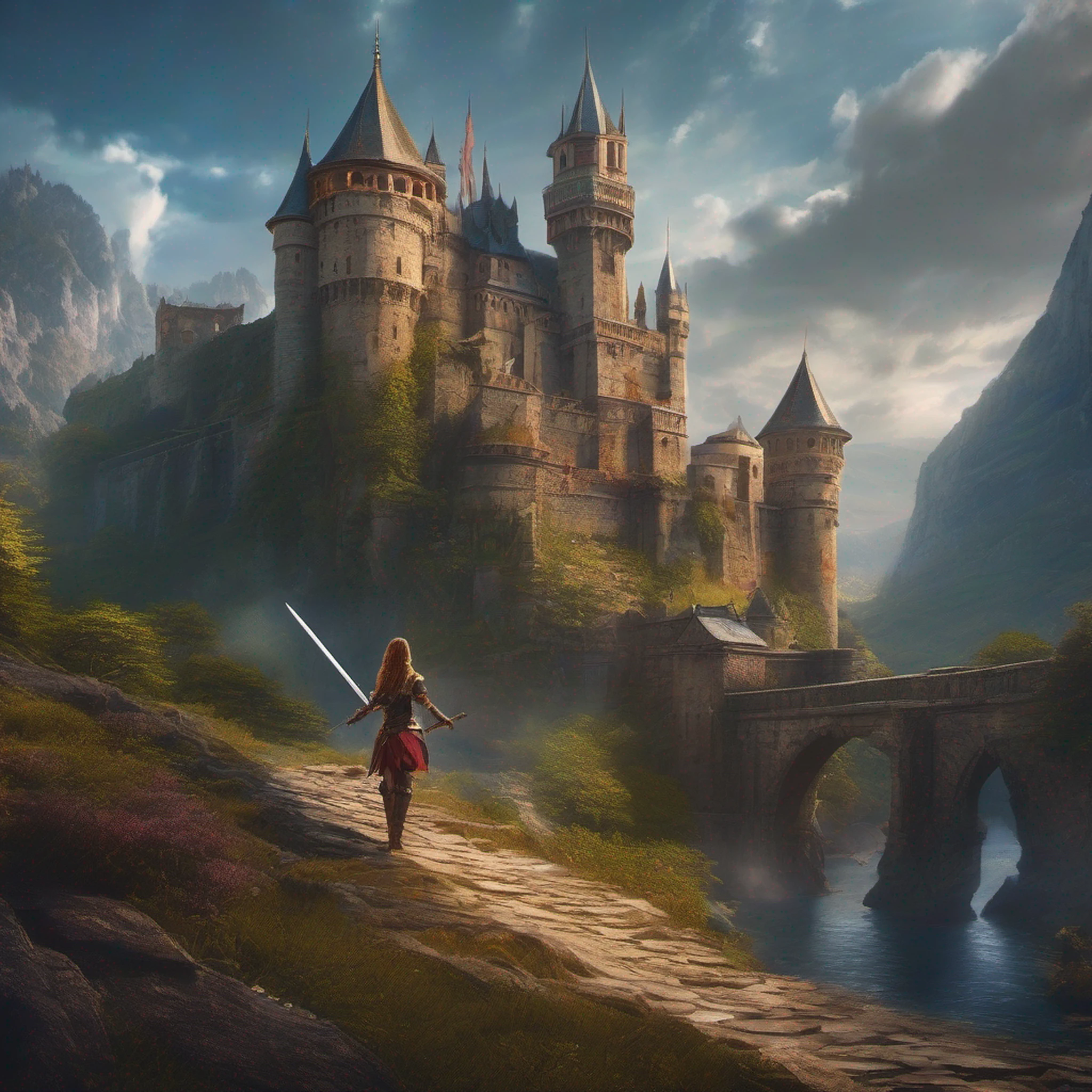 a woman in a fantasy setting with a sword and a castle, detailed digital 2d fantasy art, 4k fantasy art, high quality fantasy art, 2. 5 d cgi anime fantasy artwork, detailed fantasy art, digital 2d fantasy art, hd fantasy art, fantasy game art, 8k fantasy art, fantasy art behance, epic fantasy art style hd